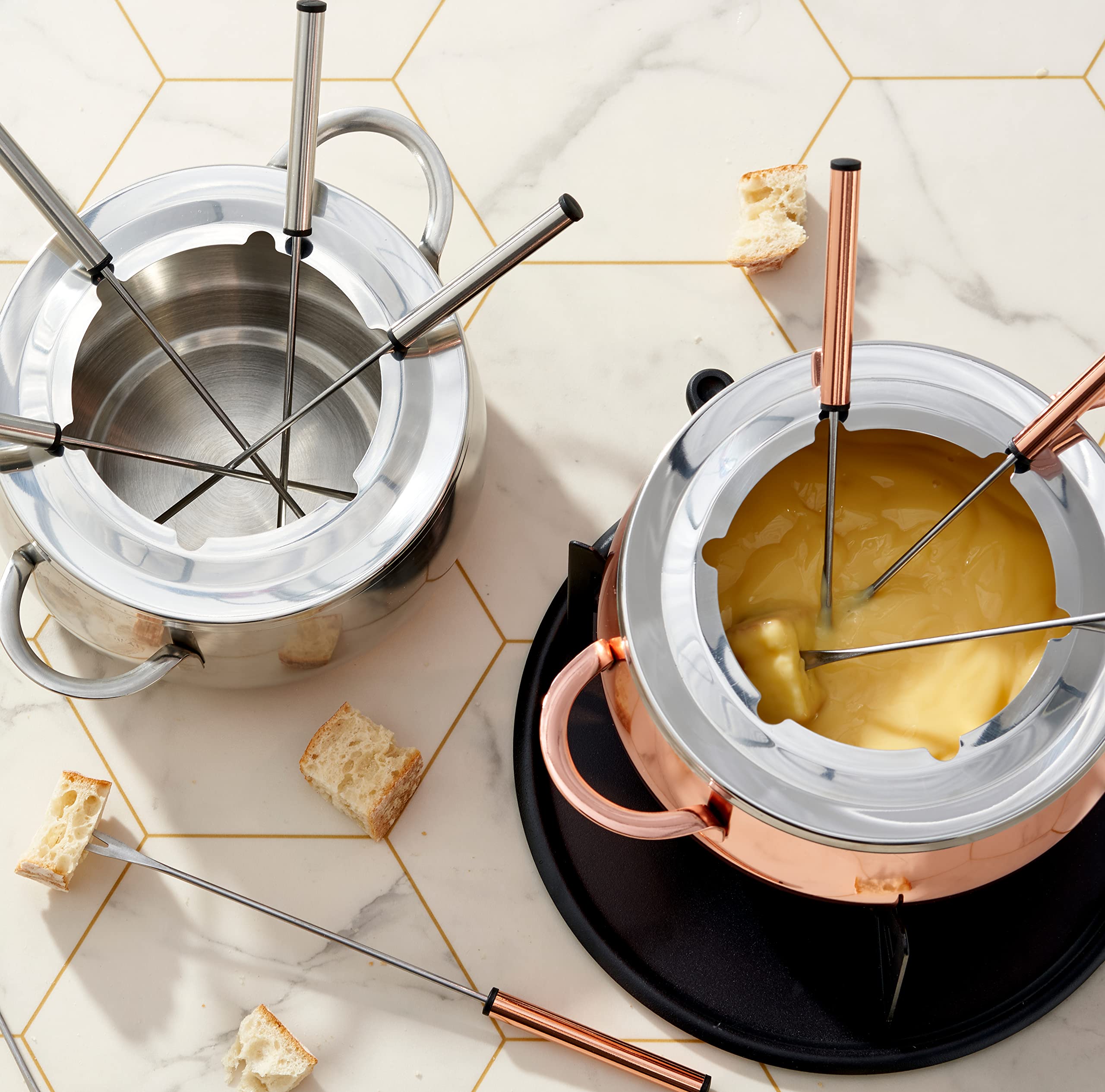 10-teilige Premium-Fondue aus Edelstahl für 6 Personen - Elegantes Silber - Schokolade, Käse, Fleisch - Robust & Chic - Geschenkset für Valentinstag/Geburtstag/Jubiläum