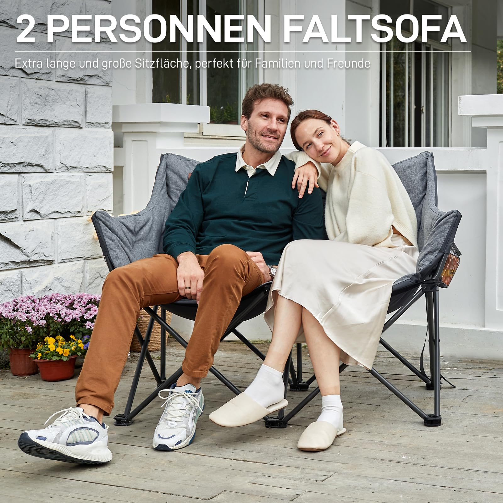 Campingstuhl Faltbar 124CM Breit Campingsofa für 2 Personen Faltsofa 320KG Belastbar, Campingcouch Dick Gepolstert Klappstuhl XXL 2 Sitzer Hohe Lehne für Outdoor Garten Balkon Indoor