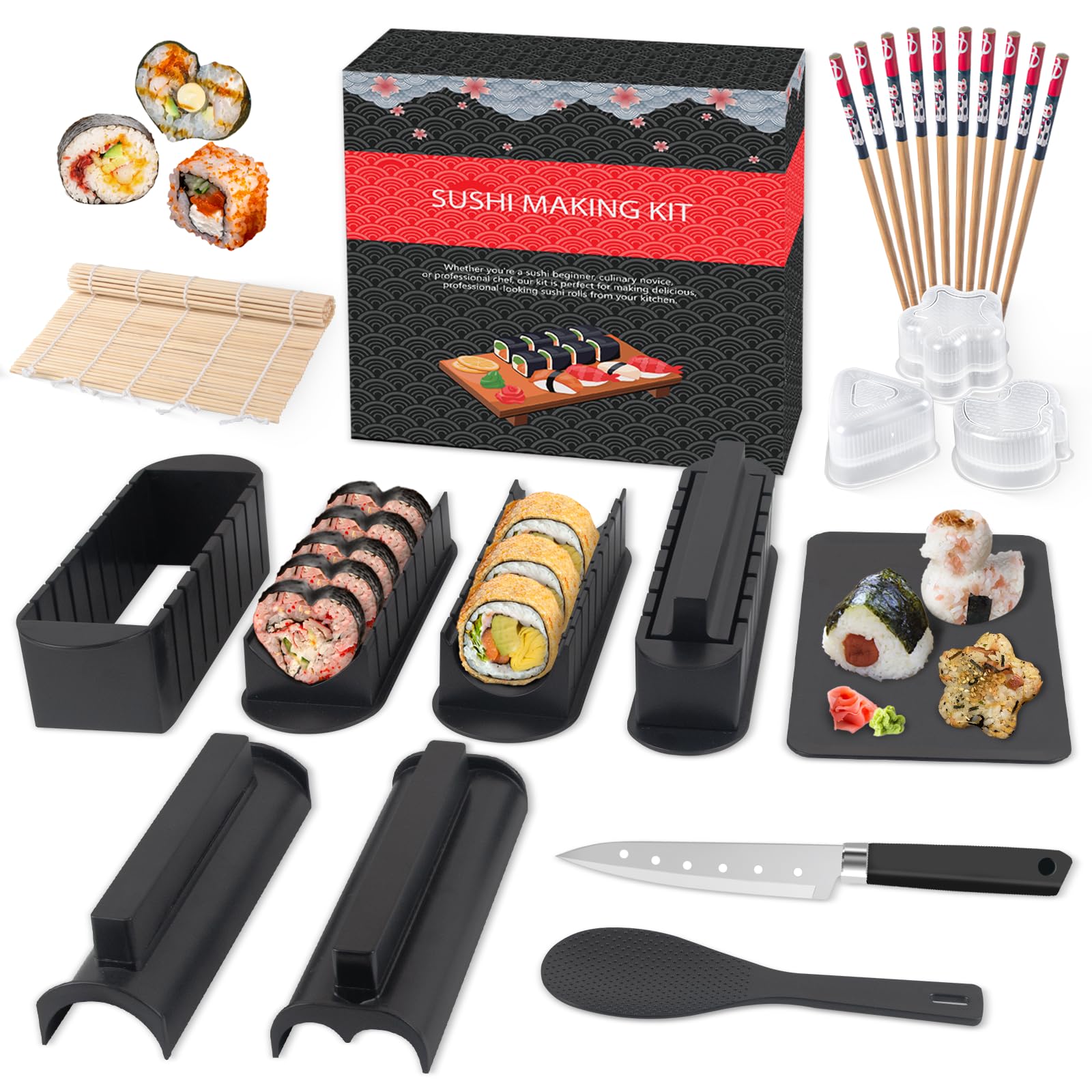 Sushi Set, 20-teiliges Kit für Anfänger, um sich selbst Sushi zu machen, Sushi-Platte mit Reisrollenformen, Gabel, Messer, Rollmatte, Sticks