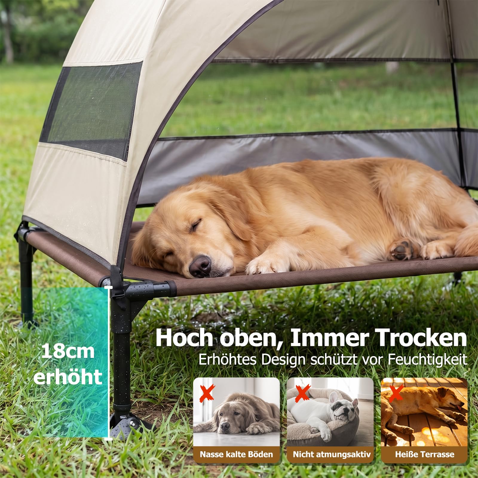 Erhöhtes Hundebett Outdoor mit UV-beständiges Dach,Hundeliege Klappbar mit Anti-Rutsch-Füßen, Hundezelt Outdoor mit Großem Schatten, Kühlendes ErhöHtes Hunde Bett für Camping, Garten & Pool (Grau, L)