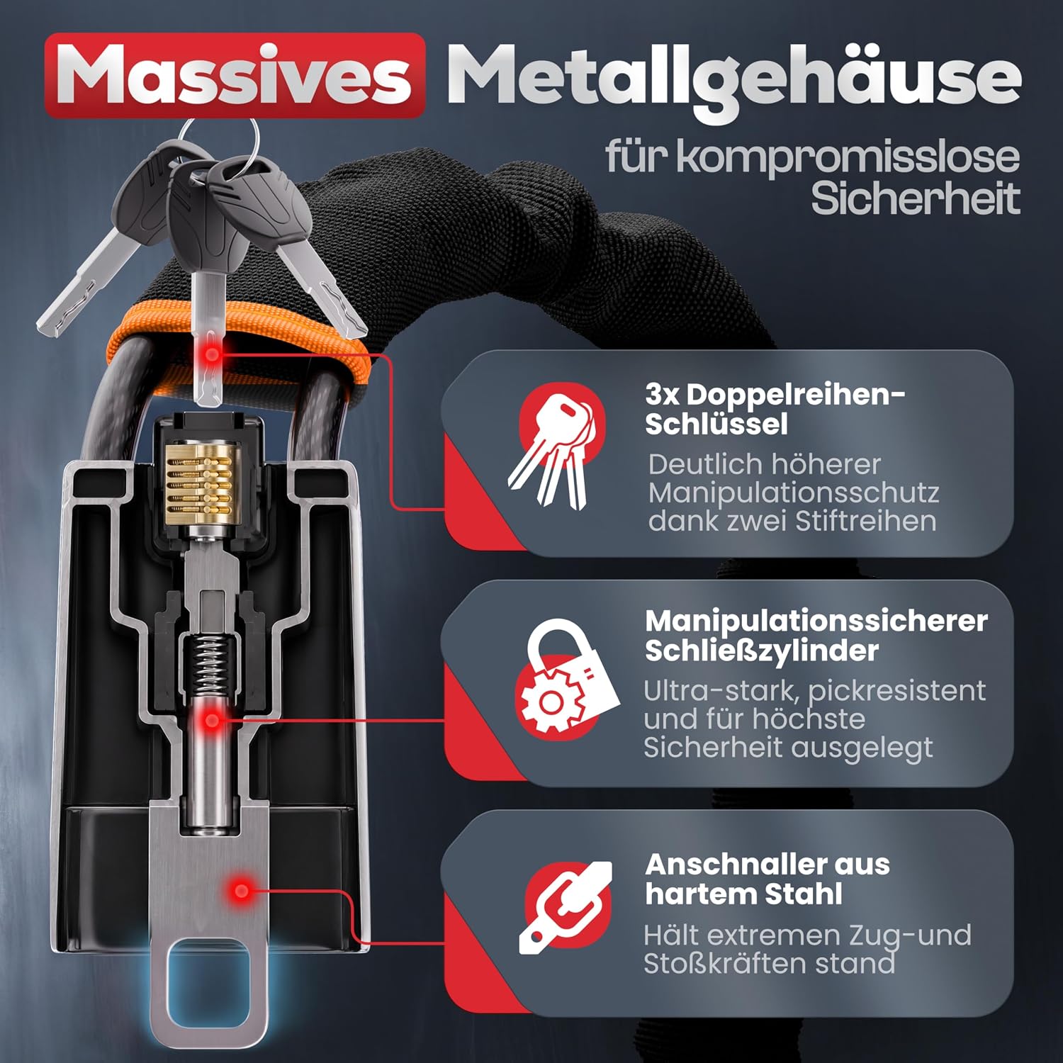 Lenkradkralle fรผr Auto & Wohnmobil aus Metall - Universelle Passform - Lenkradschloss mit dickem Stahlseil - Wegfahrsperre Diebstahlsicherung mit 3 Sicherheitsschlรผsseln