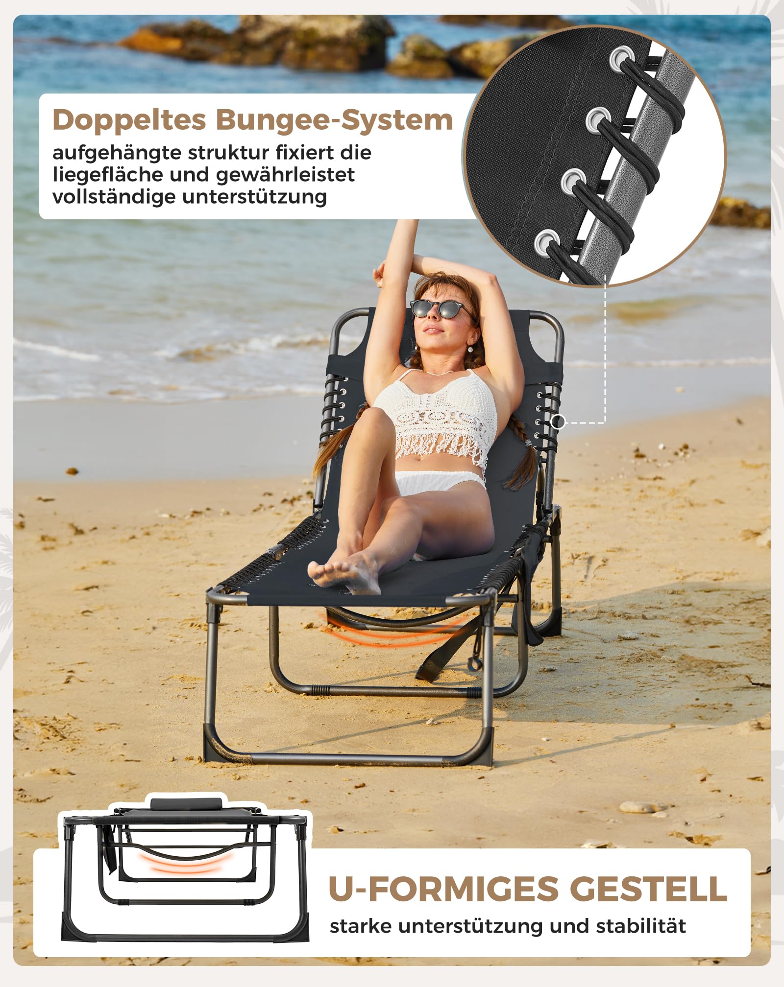 Sonnenliege Klappbar 5-Verstellbare, bis 180 kg, 2er Set, Blau | Gartenliege Klappbar, mit Kopfstütze & Seitentasche, Sonnenliege Wetterfest, Strandliege für Garten Terrasse Pool Camping
