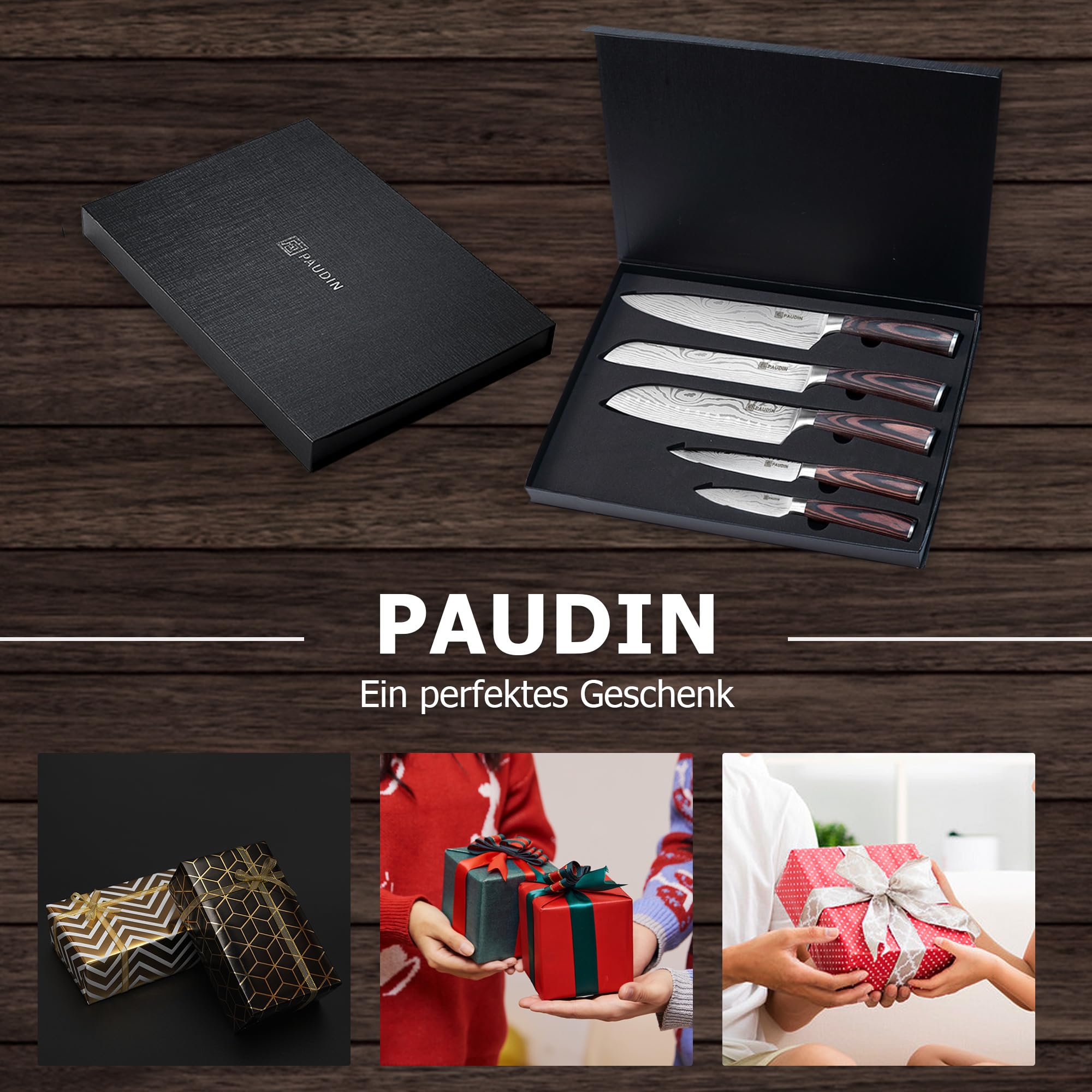 Küchenmesser-Set, 5-teiliges Küchenmesser-Set aus hochwertigem Kohlenstoff-Edelstahl, Ultra Sharp Messer-Set mit Kochmesser, Hackmesser, Nutzmesser