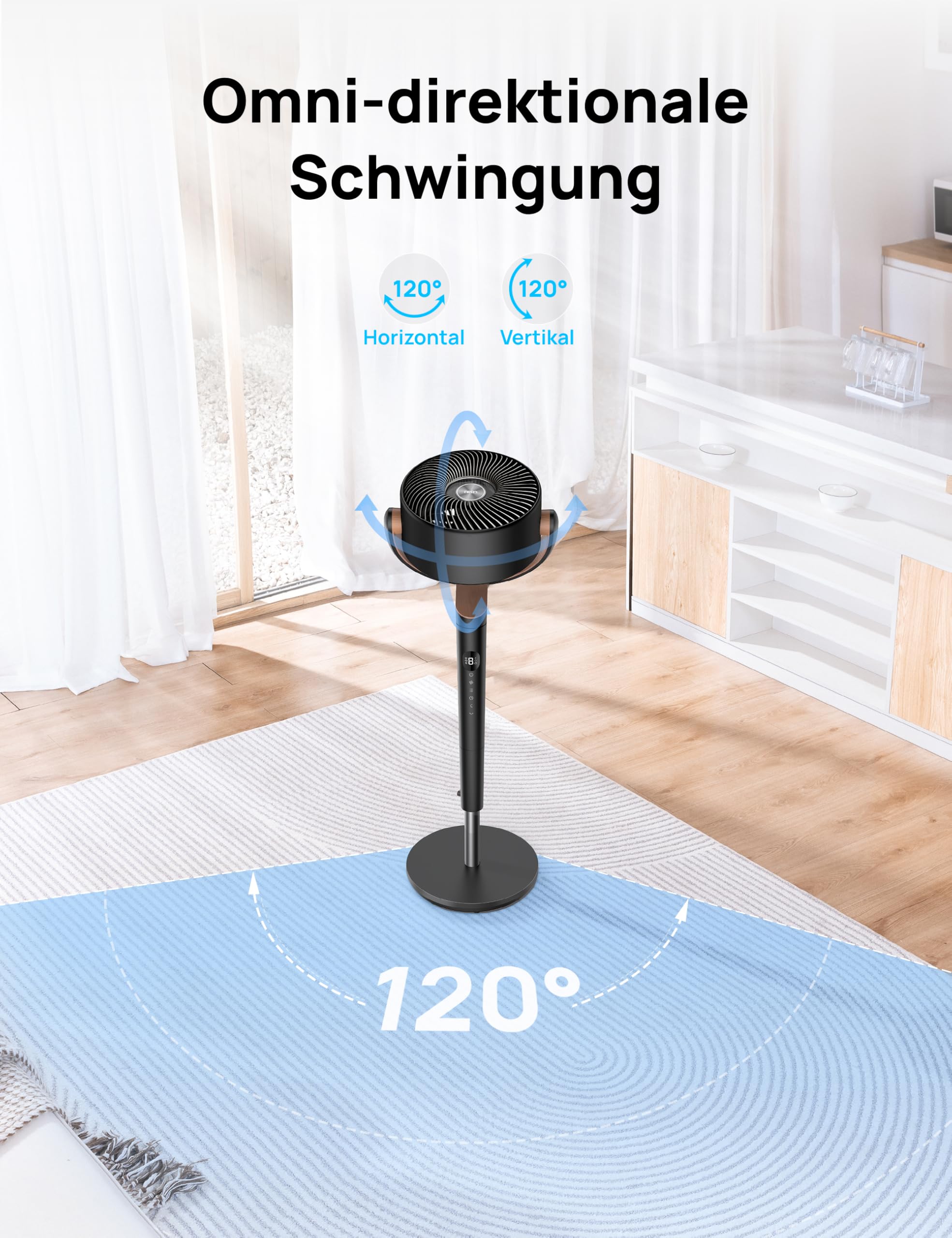 Starker Standventilator Smart mit RGB Light, 120° +120° Oszillierender Ventilator mit Fernbedienung, 20dB Leiser Bodenventilator / Turmventilator für Schlafzimmer, 8H Timer, Silber