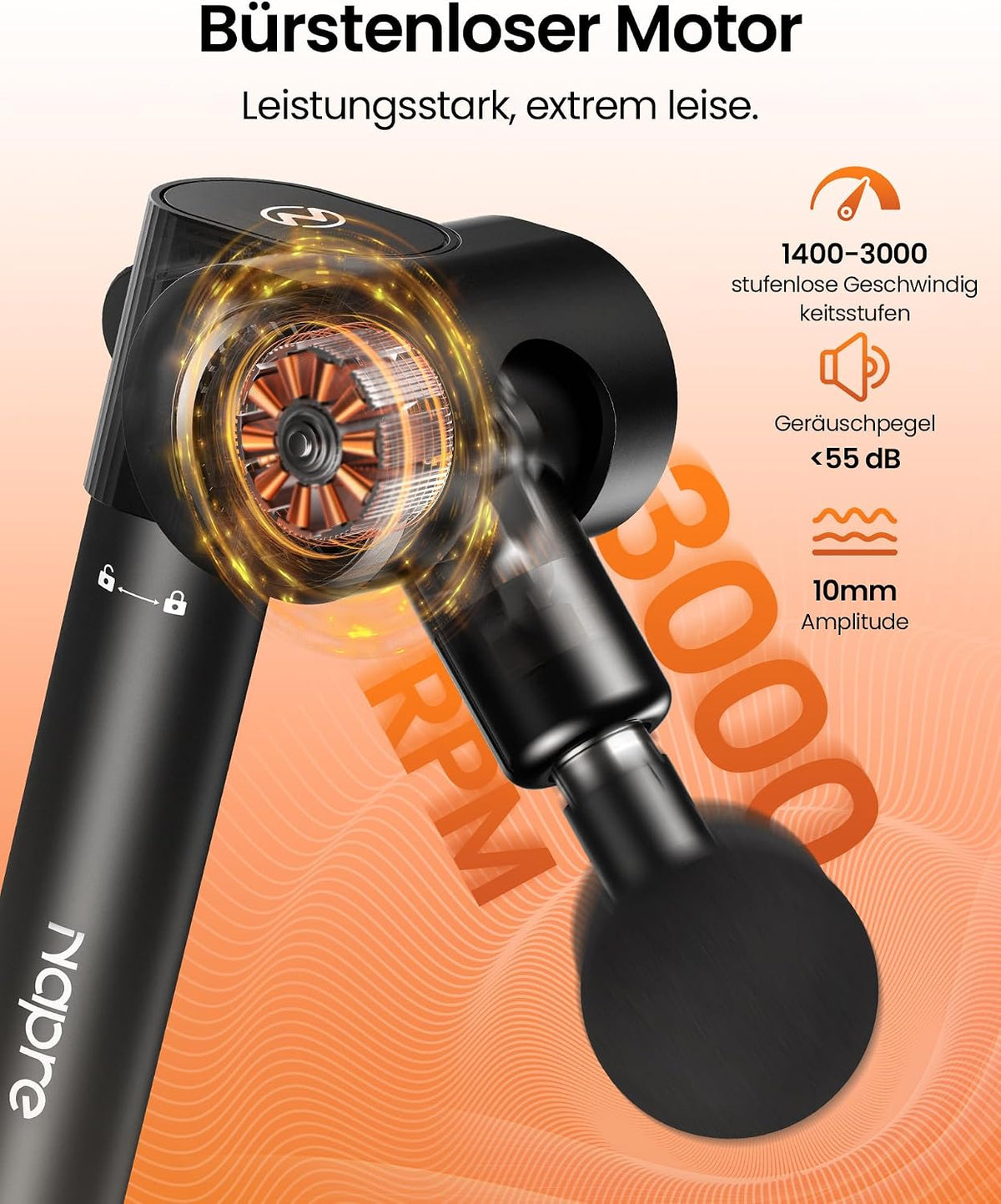 Massagepistole,Napre Faltbare Massage Pistole Massage Gun mit Verlängerungsgriff und Einstellbaren Winkeln,Muskel Percussion Massagegerät für Schulter Körper Rücken,32 Geschwindigkeiten,6 Aufsätze