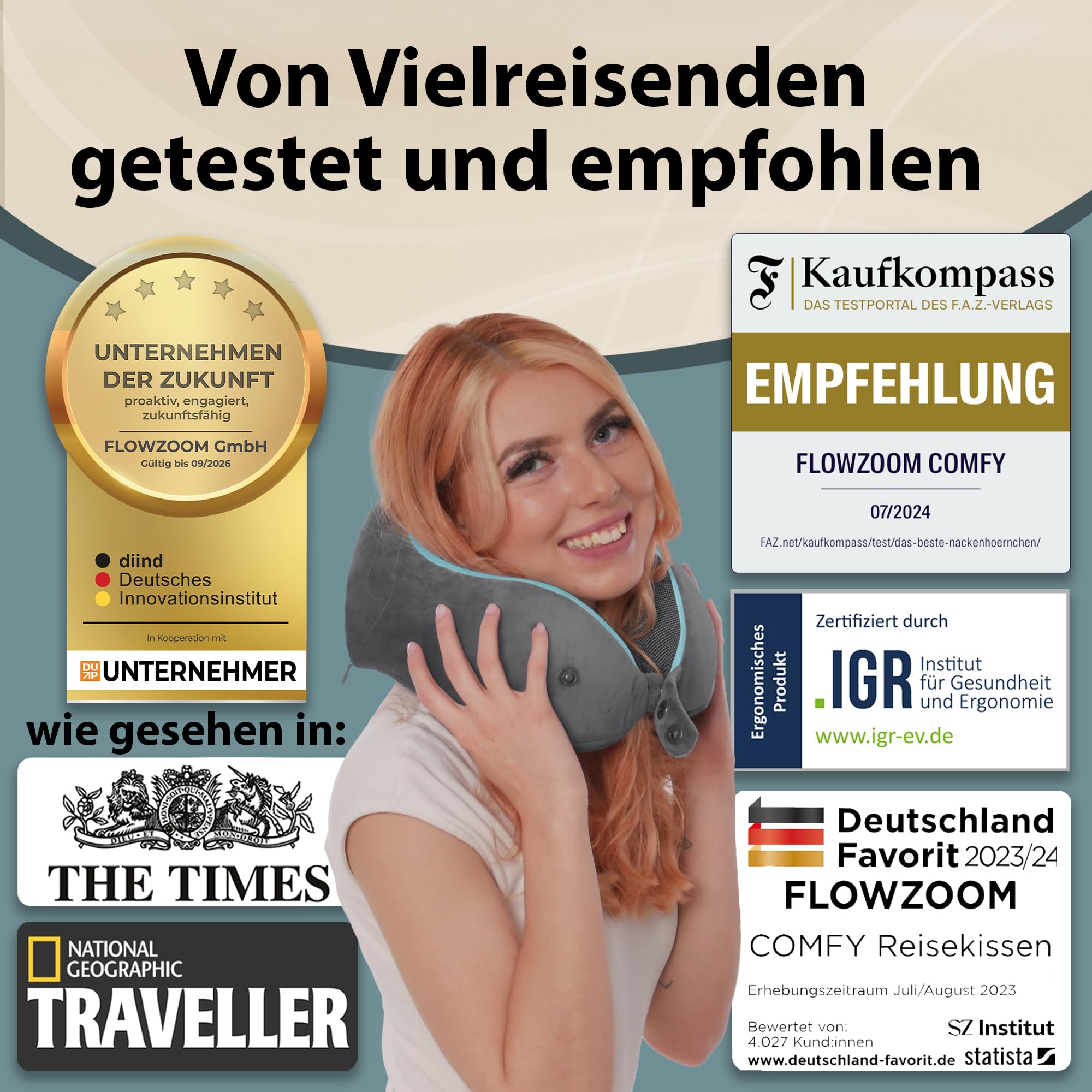 Bequemer Neck Cushion Flugzeug & Auto Reisekissen Memory Foam mit schlankem Rücken und waschbarer Abdeckung (Velvet Soft & Breathable) - Neck Cushion Adults Grey