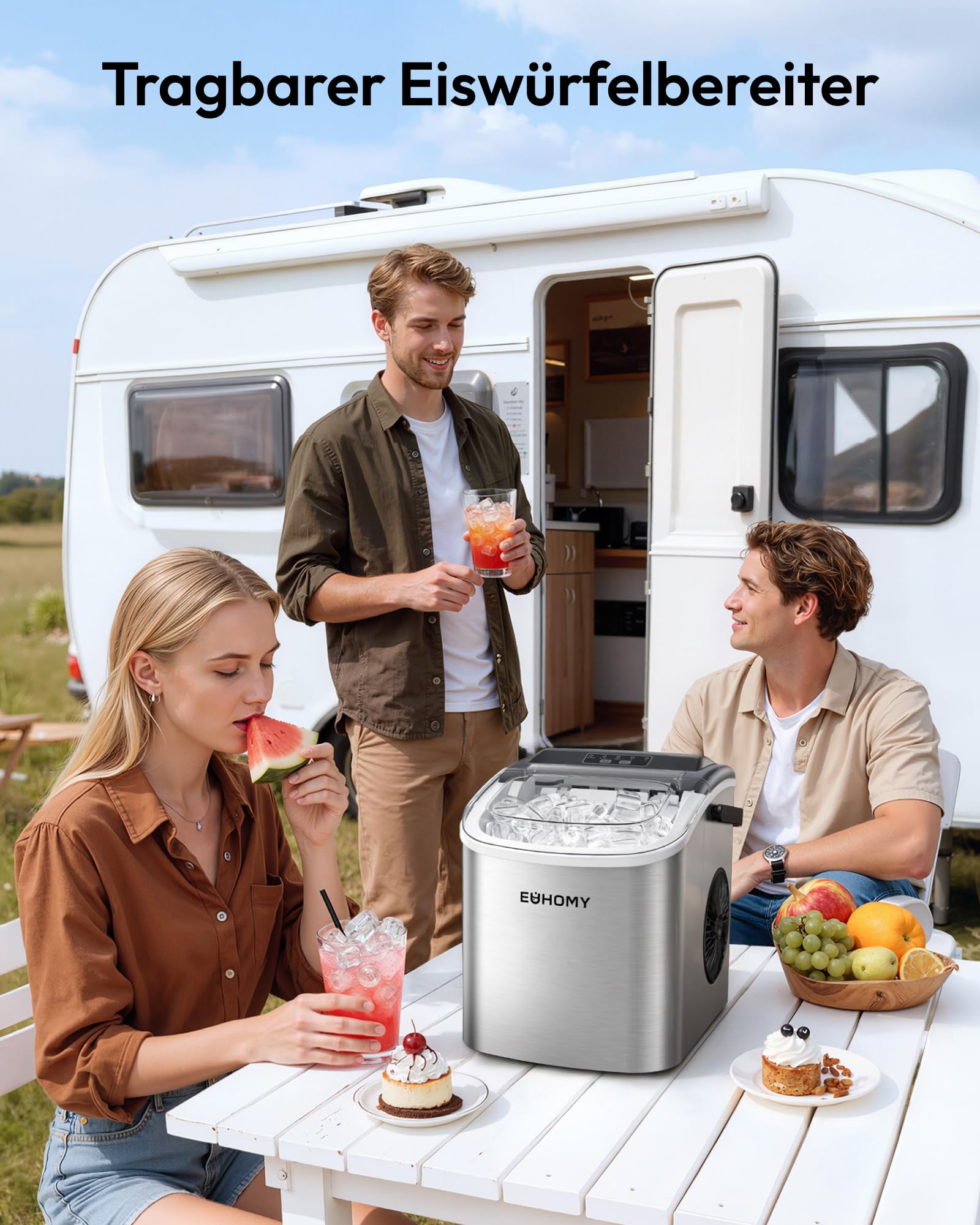 Eiswürfelmaschine Klein, 9 Eiswürfel in 6 Minuten, 12 kg/24H, Eiswürfelmaschine Edelstahl mit Tragbarem Griff, Selbstreinigender Kompakter Eiswürfelmaschinen für Zuhause/Küche/Büro/Bar