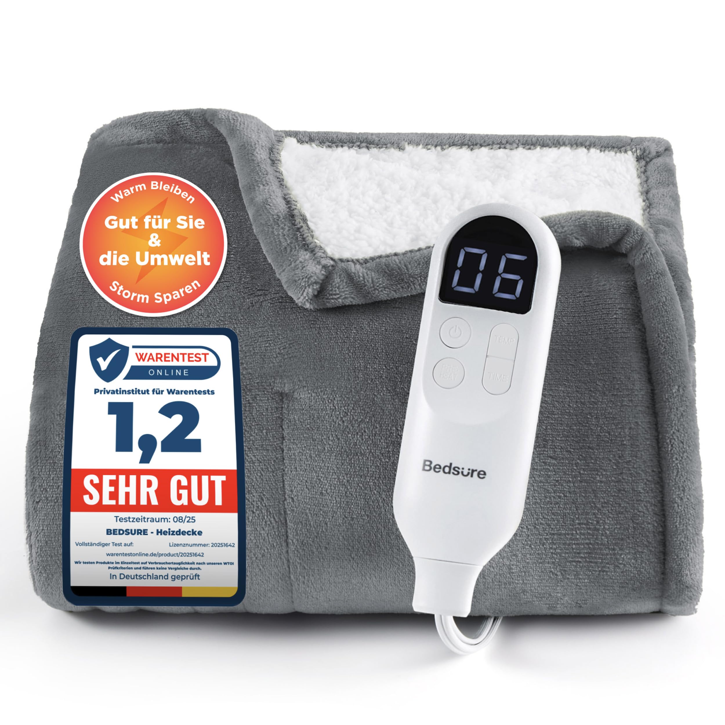 Elektrische Decke mit automatischem Abschalten - Wärmedecke mit 6 Wärmeeinstellungen und 10-Stunden-Timer, bis zu 8 Stunden Überhitzungsschutz, elektrische Kuscheldecke für Zuhause und Büro, 130 x 180 cm