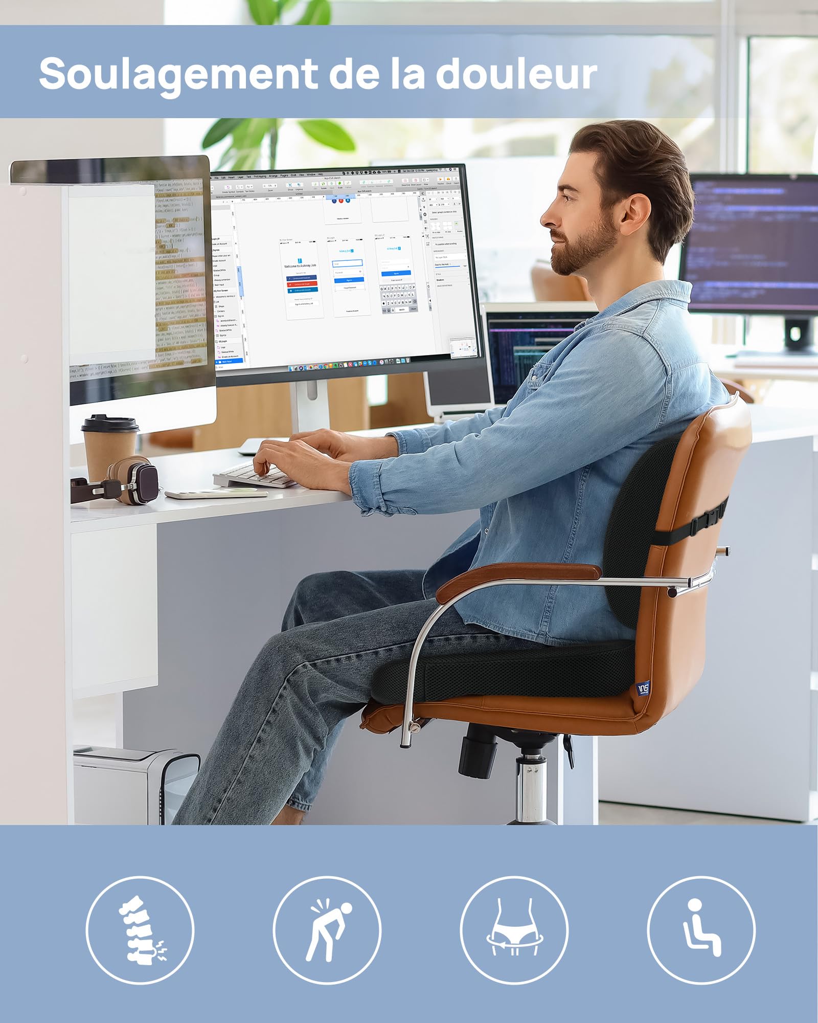 Sitzkissen, Orthopädisches Sitzkissen aus Memory Foam, Ergonomisches Sitzkissen für Bürostuhl /Autositz / Steissbeinkissen Stuhlkissen Sitzkissen Outdoor Zuhause, Schwarz