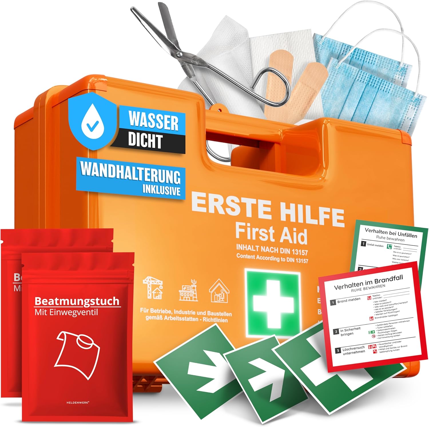 Erste-Hilfe-Box nach DIN 13157:2021 Inklusive Wandmontage & Aufkleber, universeller Erste-Hilfe-Fall für Unternehmen, Haushalte oder Catering - Büro-Erste-Hilfe-Box gefüllt, Sanitärbox