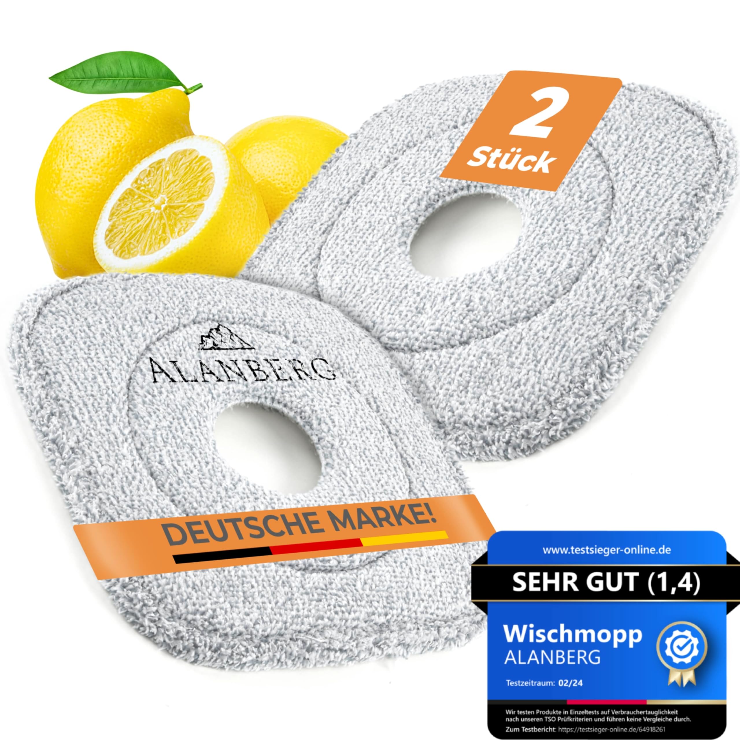 Wischmopp Set mit Eimer, 2-Kammer-System Frisch-/Schmutzwasser Trennung, selbst-auswringend, 160 cm Stiel & 2 Mikrofaser-Pads, für alle Böden, Grau