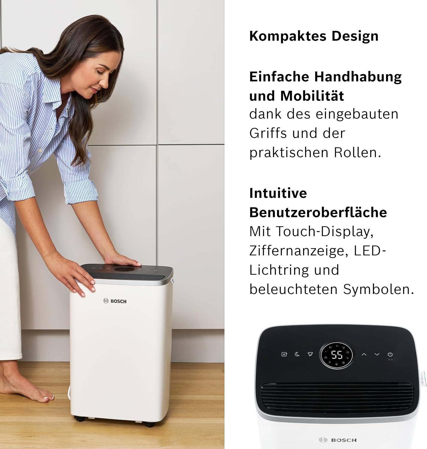 Bosch Dry, Luftentfeuchter, Für Räume bis zu 33 m² | Einfach, Effizient, Leise, Ideal für Deine Wohnung & die schnelle Trocknung Deiner Wäsche