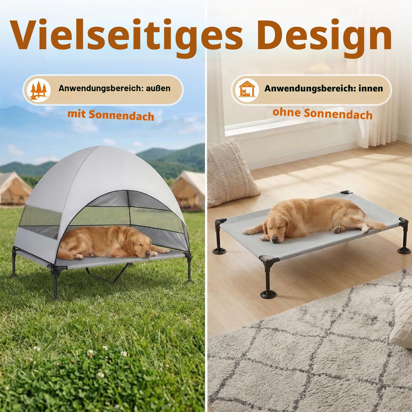 Erhöhtes Hundebett Outdoor mit UV-beständiges Dach,Hundeliege Klappbar mit Anti-Rutsch-Füßen, Hundezelt Outdoor mit Großem Schatten, Kühlendes ErhöHtes Hunde Bett für Camping, Garten & Pool (Grau, L)