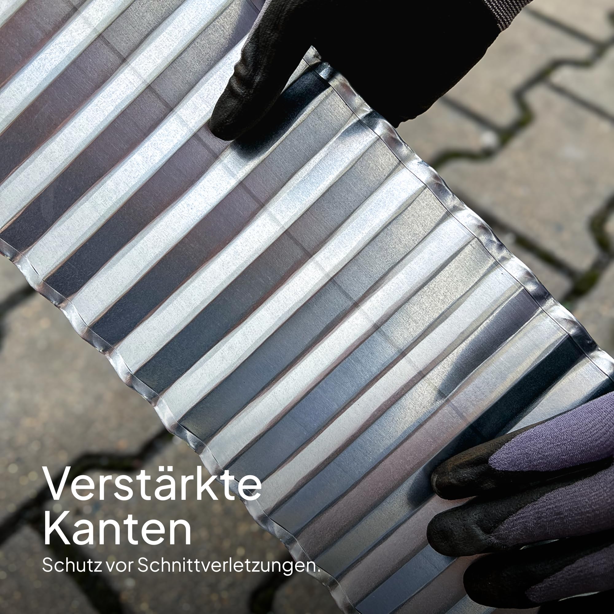 Rasenkante Verzinkt - Beeteinfassung aus Metall 15 cm hoch - Einfache Montage, Rostfrei und Langlebig - Flexible Beetumrandung, 1 Paar Montagehandschuhe inklusive