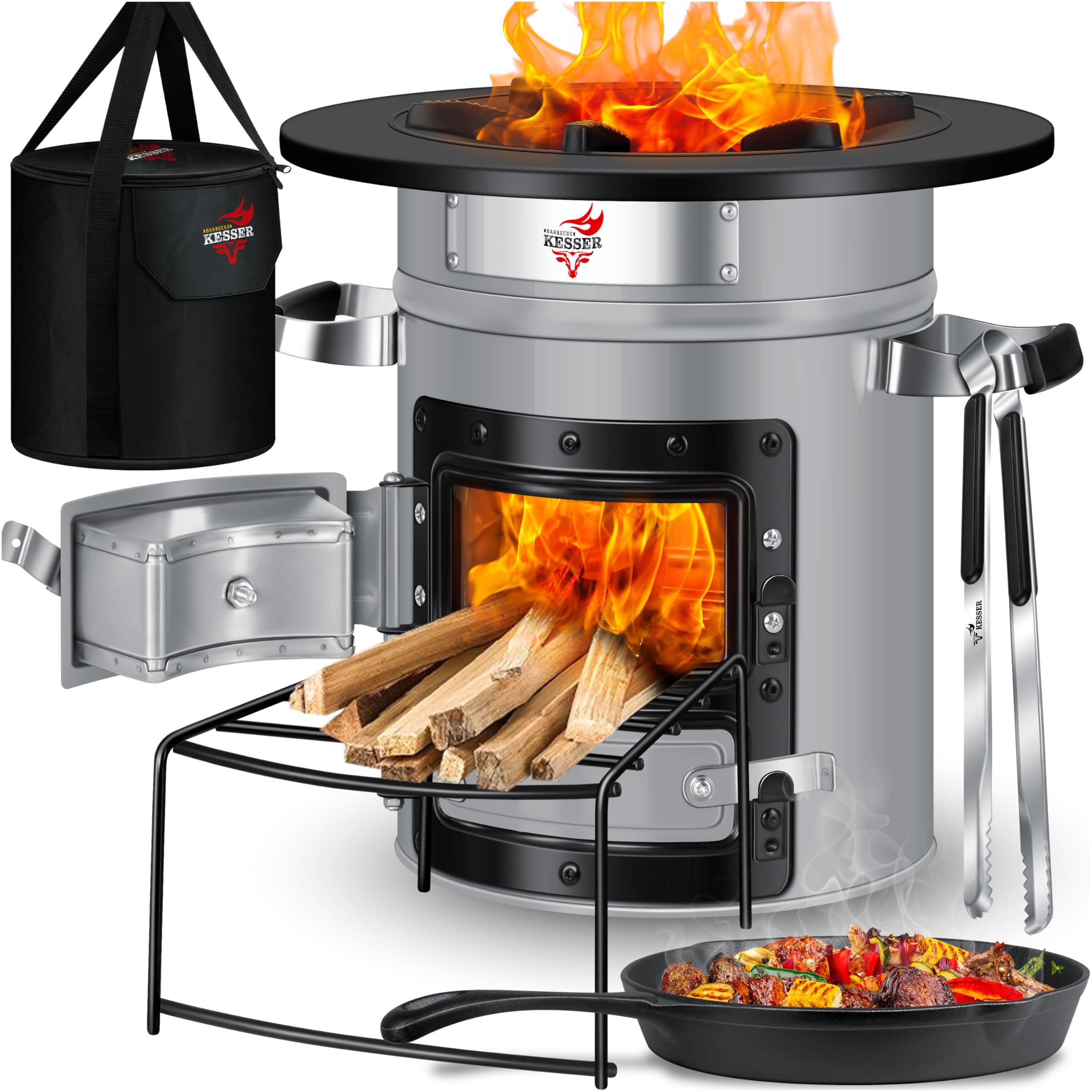 Raketenherd mit Gusseisen-Grillpfanne / Enthält Grillzange & Tragetasche /Camping Grill Edelstahl