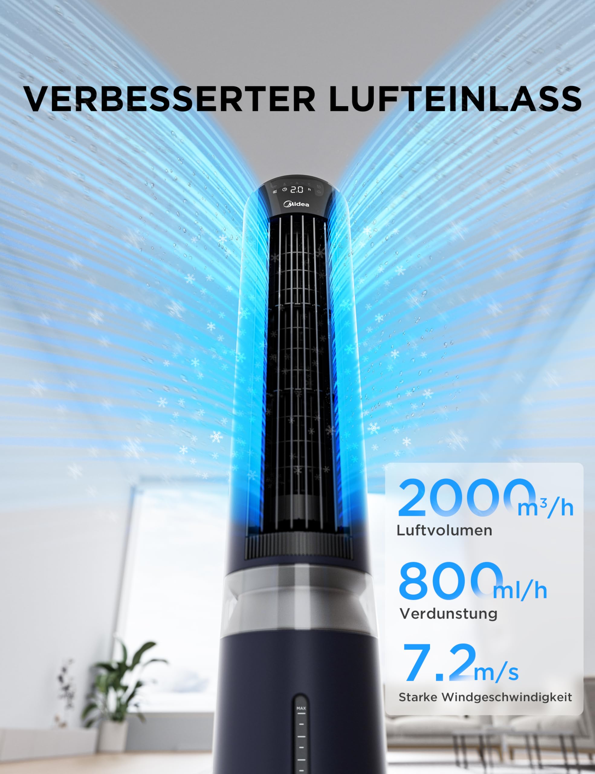 4-in-1 Mobile Klimaanlage Leiser:Luftkühler,Turmgebläse,Luftbefeuchter und Luftreiniger,mit Fernbedienung,5L Wassertank,355m³/h Luftdurchsatz,55W,LED-Display,Timer,Weiß