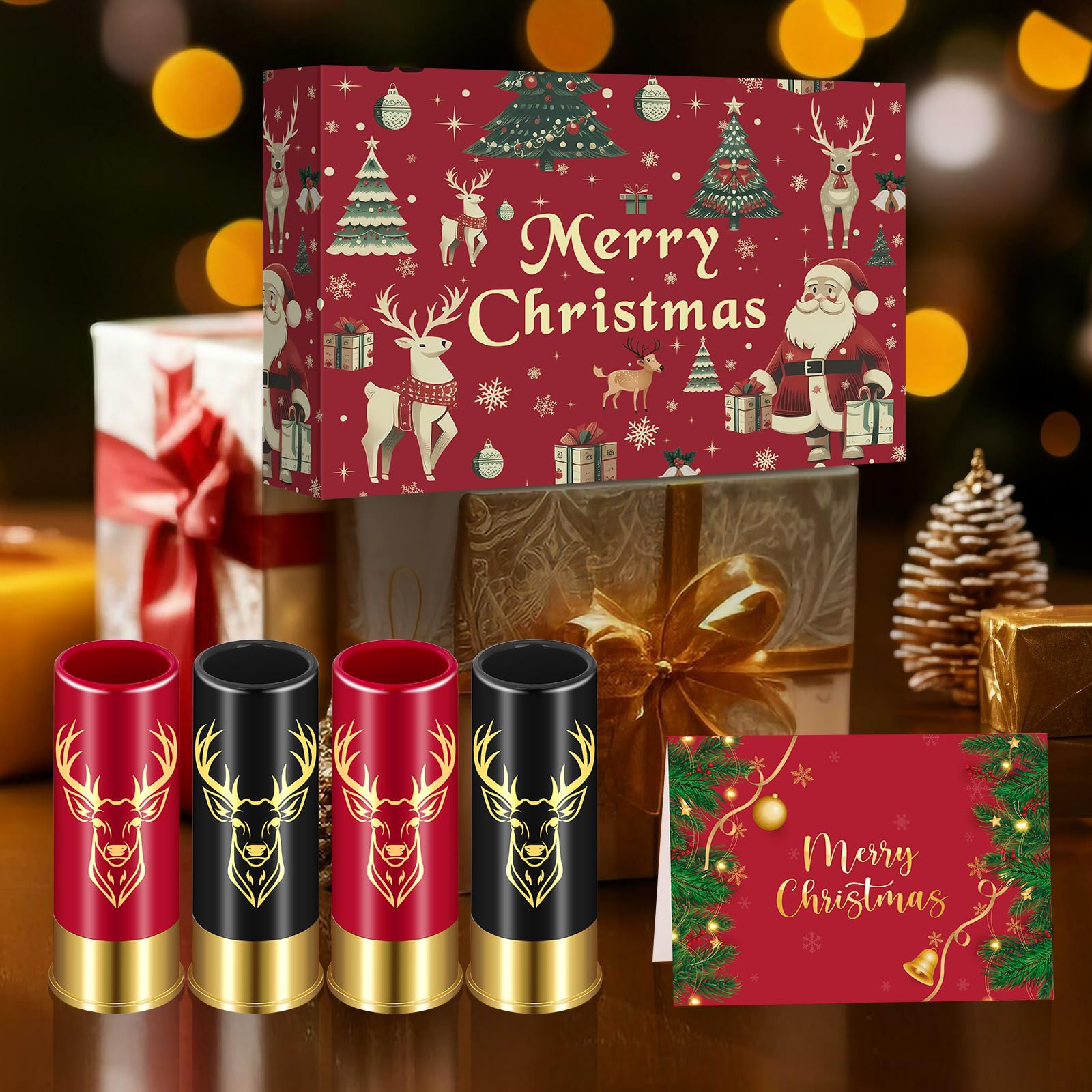 Schnapsgläser mit Hirschkopf, Grosspackung mit Geschenkbox, für Männer und Frauen, Hochzeitsfeier, Vatertag, Geschenke für Jäger, 12 GA Hirschjagd, Kleine Schnapsbecher, 45 ml, Plastik, Schwarz