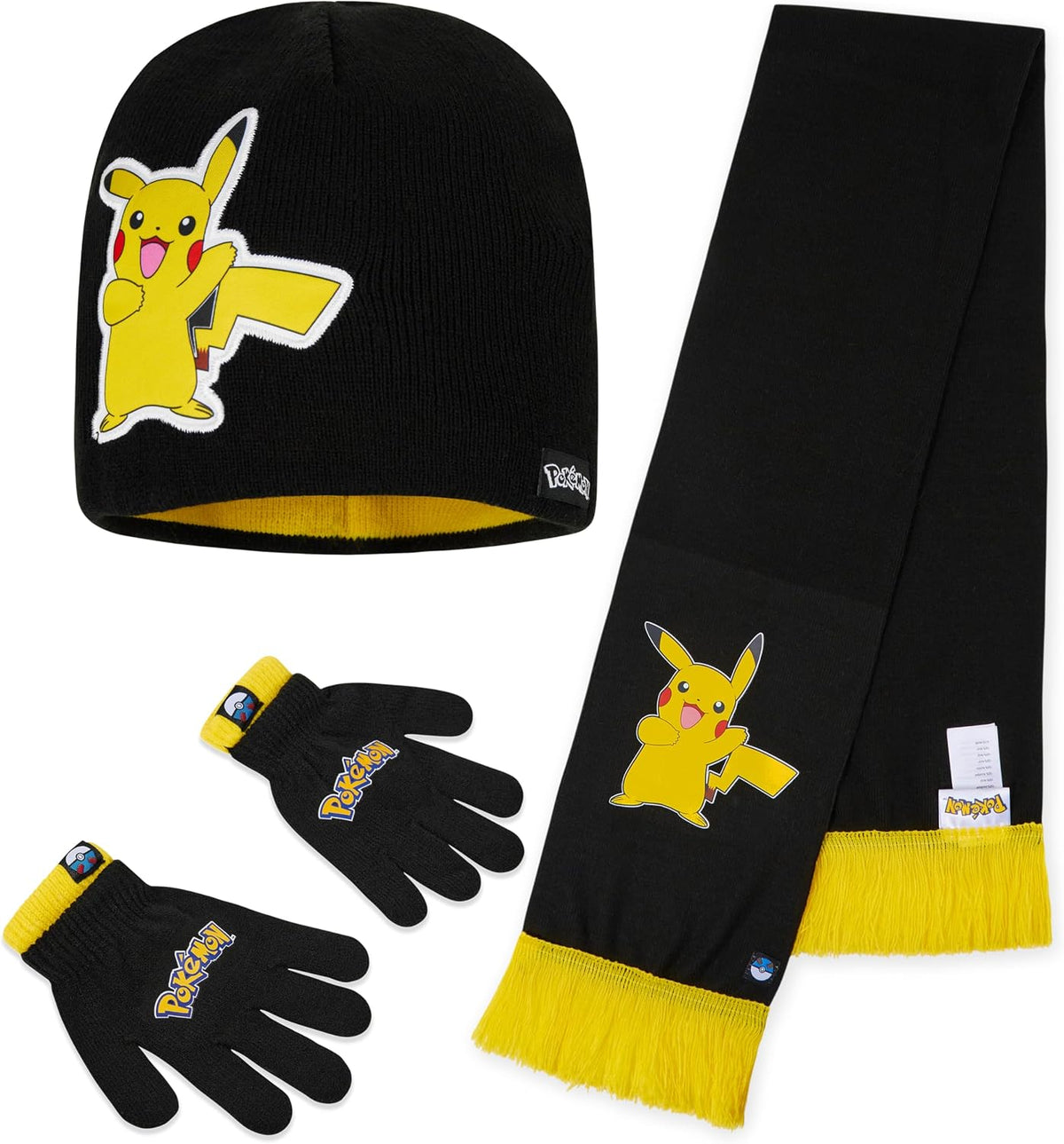 Pokemon Mütze, Schal & Handschuhe Jungen 4-12 Jahre, 3 Stück Warme Kinder Winter Set für kalte Tage, Anime Geschenke für Jungen
