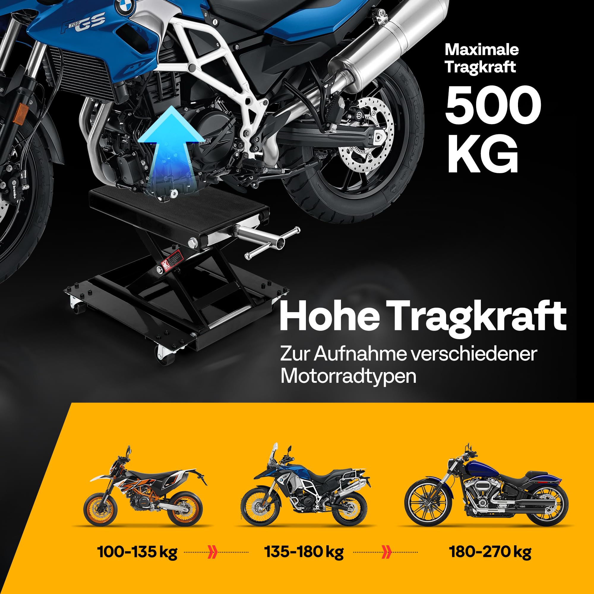 Motorrad Lift 500 kg Stahl-Schereheber mit breitem Deck und Kurbel für Motorräder Off-Road-Fahrzeuge Schmutzfahrräder