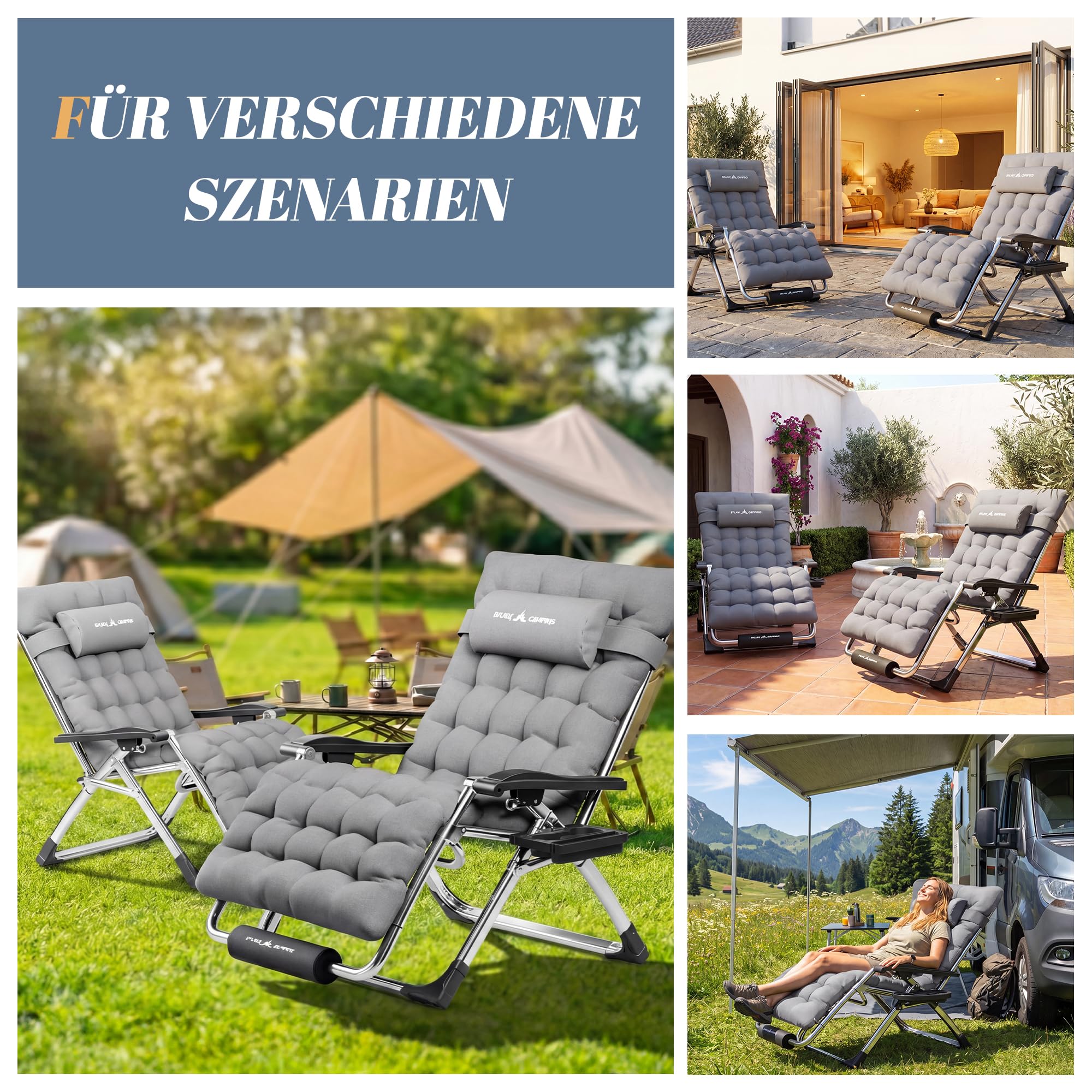 Sonnenliege Liegestuhl Klappbar Mit Getränkehalter Gartenstuhl Mit Auflage Polster, Liegestuhl, Extra groß Gartenliege, Verstellbar Rückenlehne Garten Liege