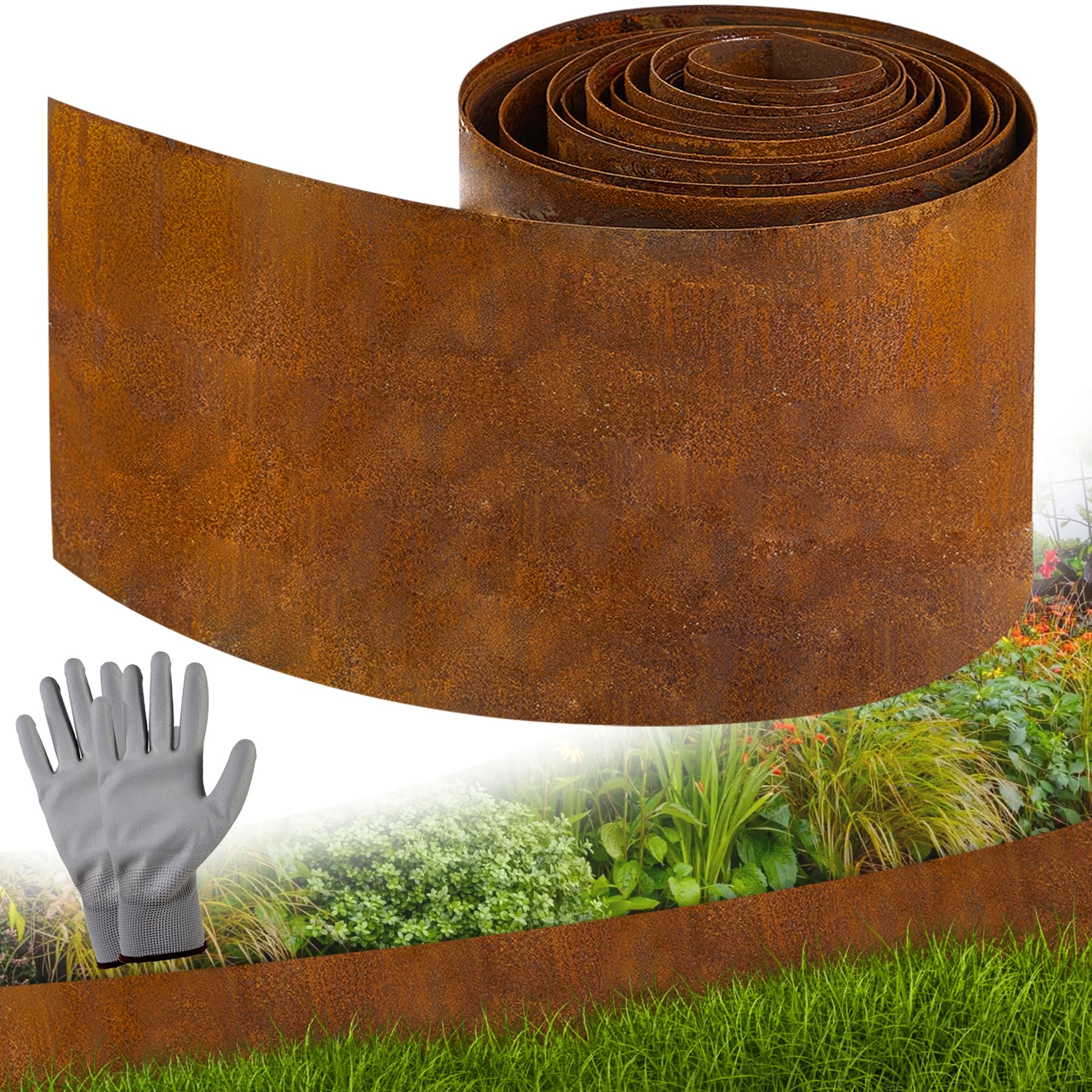 Garten Rasenkante aus Cortenstahl, Cortenstahl Rasenkante Corten-Stahl Beeteinfassung für DIY-Rasen, Rasenkantenband mit Rost inklusive 1 Paar Handschuhe