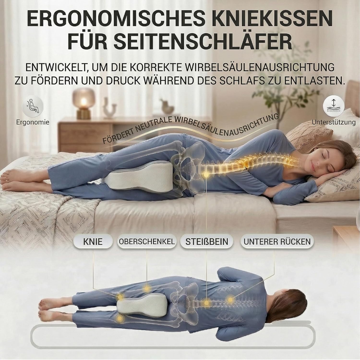 Kniekissen für Seitenschläfer – Ergonomisches Beinkissen mit Extra-Langem Design, unterstützt Oberschenkel & Knie, steigert Schlafkomfort, mit Abnehmbarem & Waschbarem Bezug