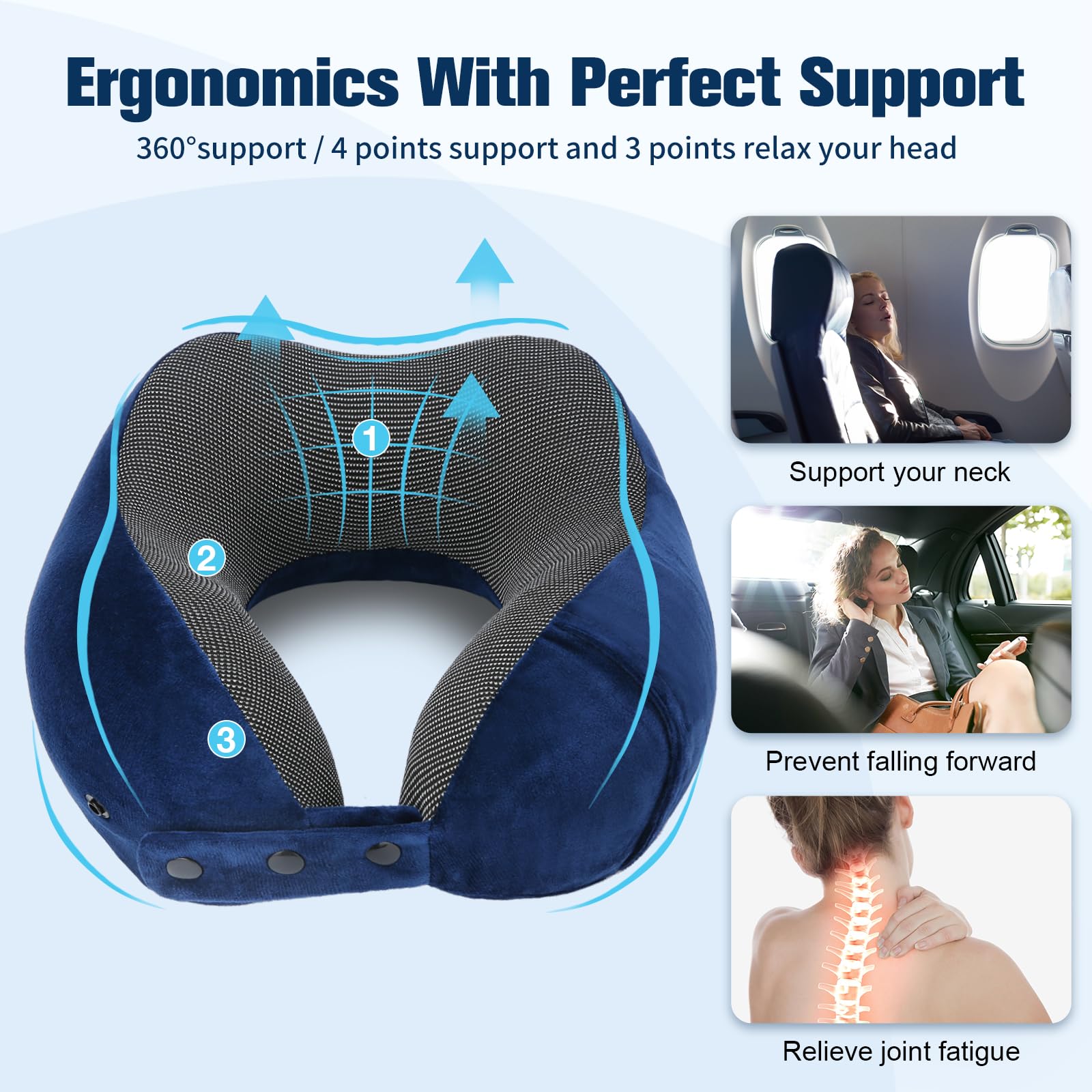 Cirorld Nackenkissen Flugzeug, Nackenhörnchen Erwachsene, Reisekissen Memory Foam, Verstellbares Kompaktes Nackenkissen Reise, Ergonomisches Weich Atmungsaktiv mit Ohrstöpseln, Augenmaske,Tragetasche