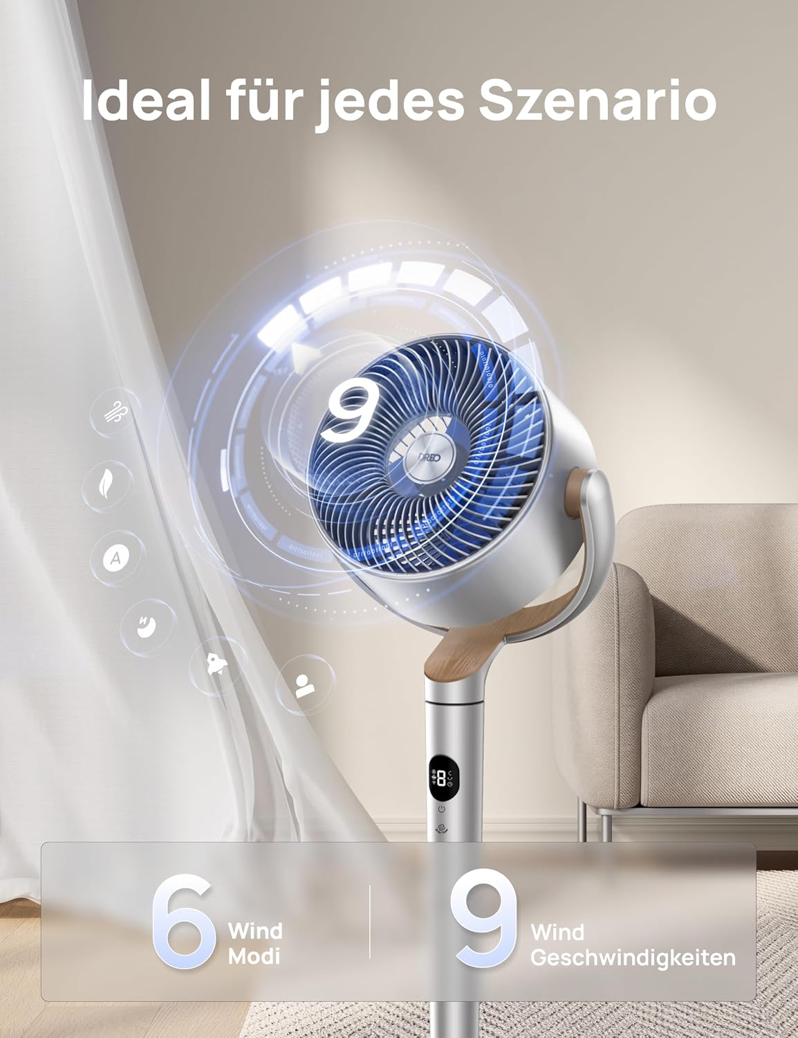 Starker Standventilator Smart mit RGB Light, 120° +120° Oszillierender Ventilator mit Fernbedienung, 20dB Leiser Bodenventilator / Turmventilator für Schlafzimmer, 8H Timer, Silber