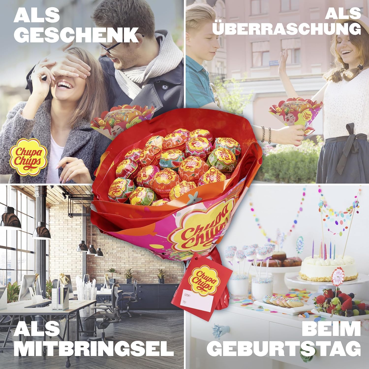 Chupa Chups Lollipop Blumenstrauss / Bouquet mit 19 Lollipops in sechs Sorten, Geschenkidee zum Geburtstag, Jubiläum, Valentinstag und Muttertag