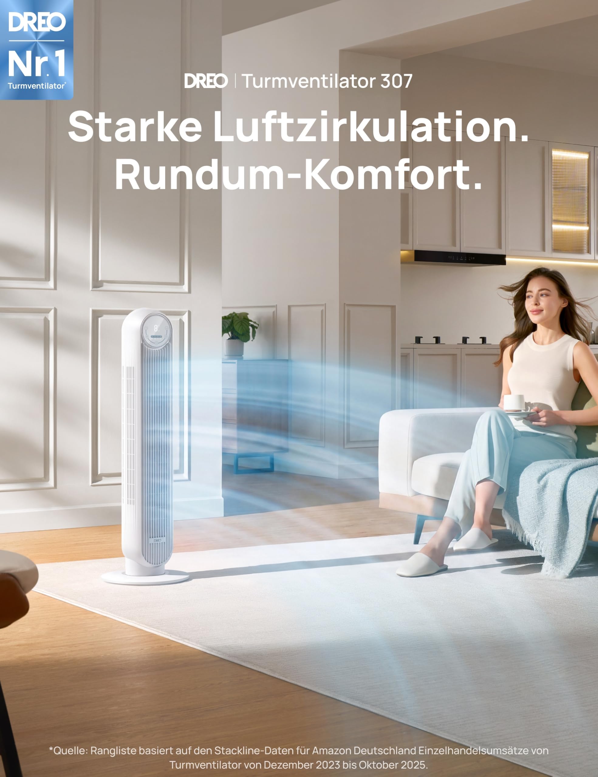 Leiser Turmventilator, 10 m Wurfweite 8 Geschwindigstufen 4 Modi 8 Std. Timer 90° oszillierende Ventilator mit Kühlung Fernbedienung für Schlafzimmer,Turmventilator 307, Schwarz