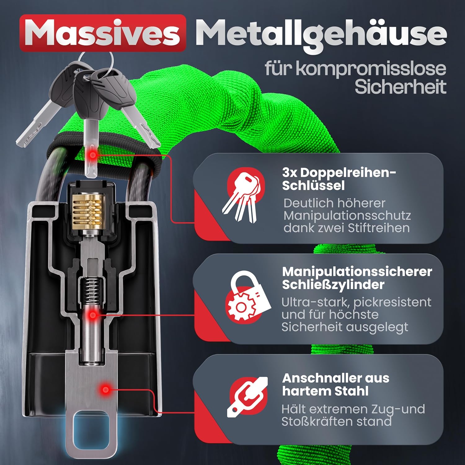 Lenkradkralle fรผr Auto & Wohnmobil aus Metall - Universelle Passform - Lenkradschloss mit dickem Stahlseil - Wegfahrsperre Diebstahlsicherung mit 3 Sicherheitsschlรผsseln