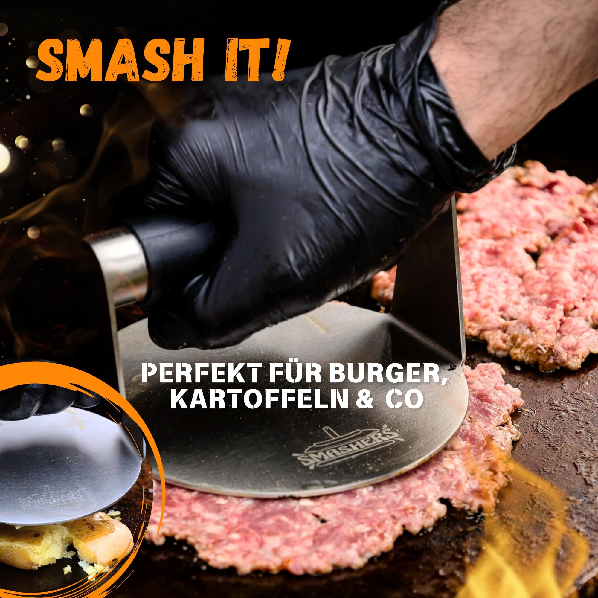 Smash Burger Set – Burger Smasher Set mit Burgerpresse, Grillspachtel, Pfannenwender & Burgerglocke - Inkl. E-Book mit Smash Burger Rezepten & Burgerpapier (6-TLG.)