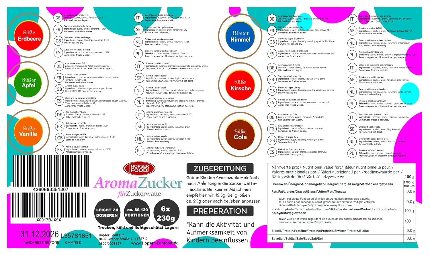 Party Set 6 x 230 g Zuckerwatte für Candy Floss Maschine enthält 100 Candy Floss Sticks