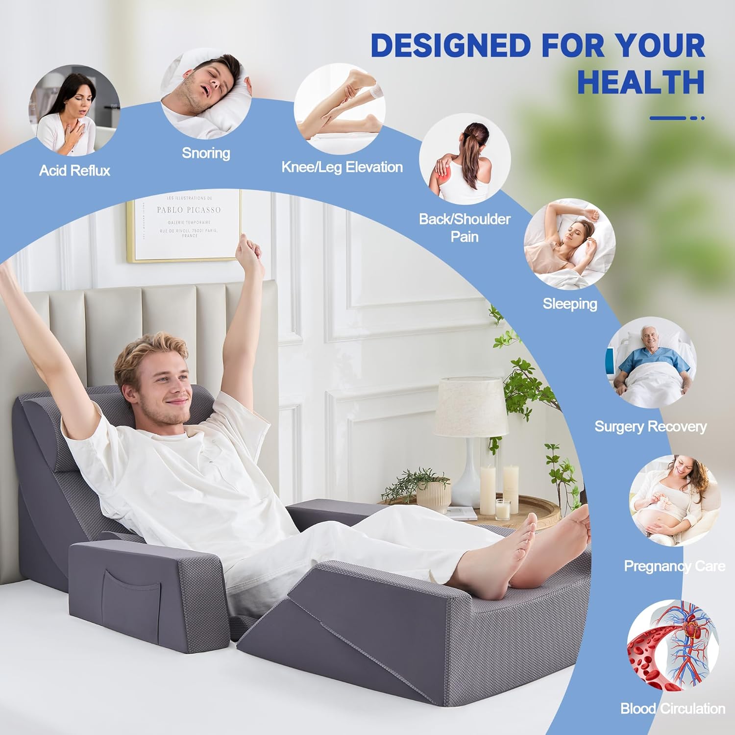 9PCS Orthopädische Bett Keil Kissen Set,Post Chirurgie Schaum Kissen für Körper, Rücken und Beine Schmerzlinderung,Justierbare Stützkissen mit Säure Reflux Bed Wedge Memory Foam Durchgehend dunkelgrau