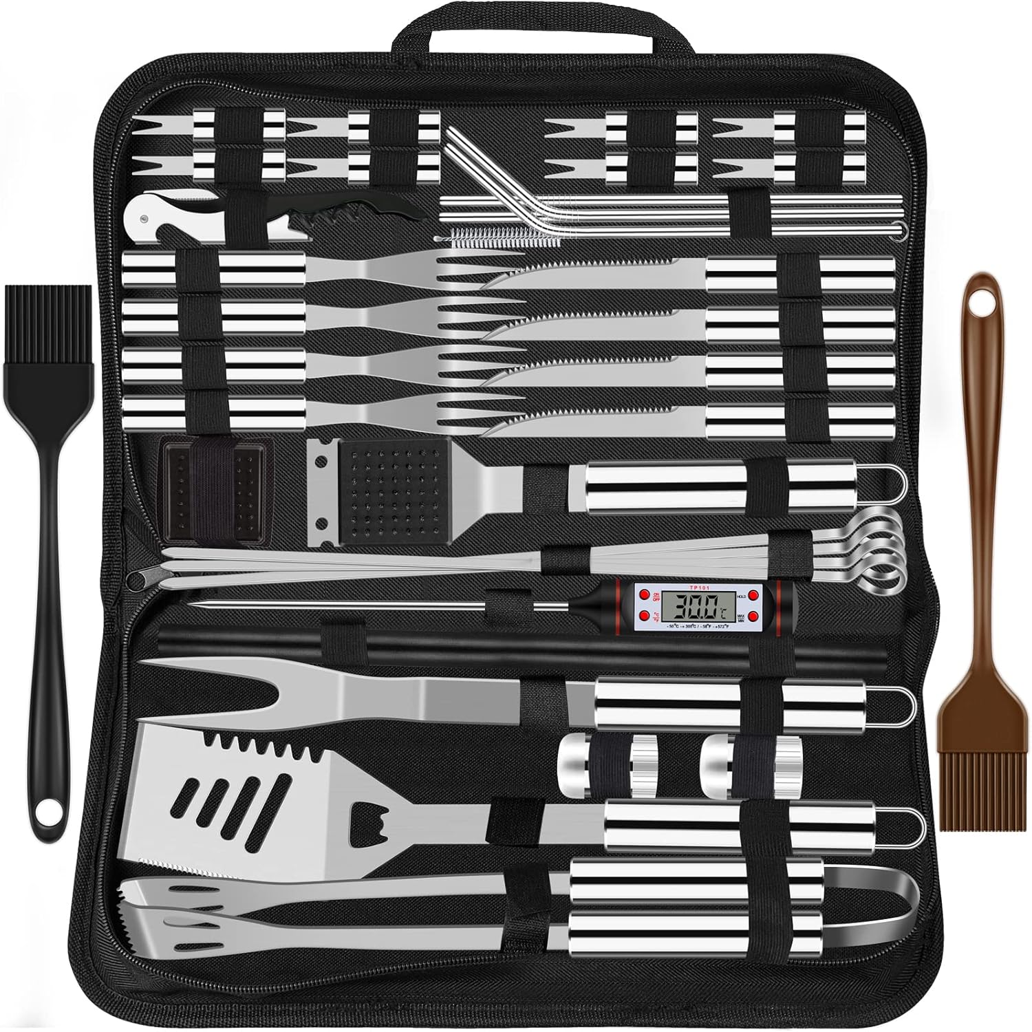 38 Stücke BBQ Grillbesteck Set Edelstahl Grillzubehör für Männer Geschenk Geburtstag Hochwertiger Grillutensilien Set Koffer mit Grillkoffer und Grillmatte für Garten und Camping Braun