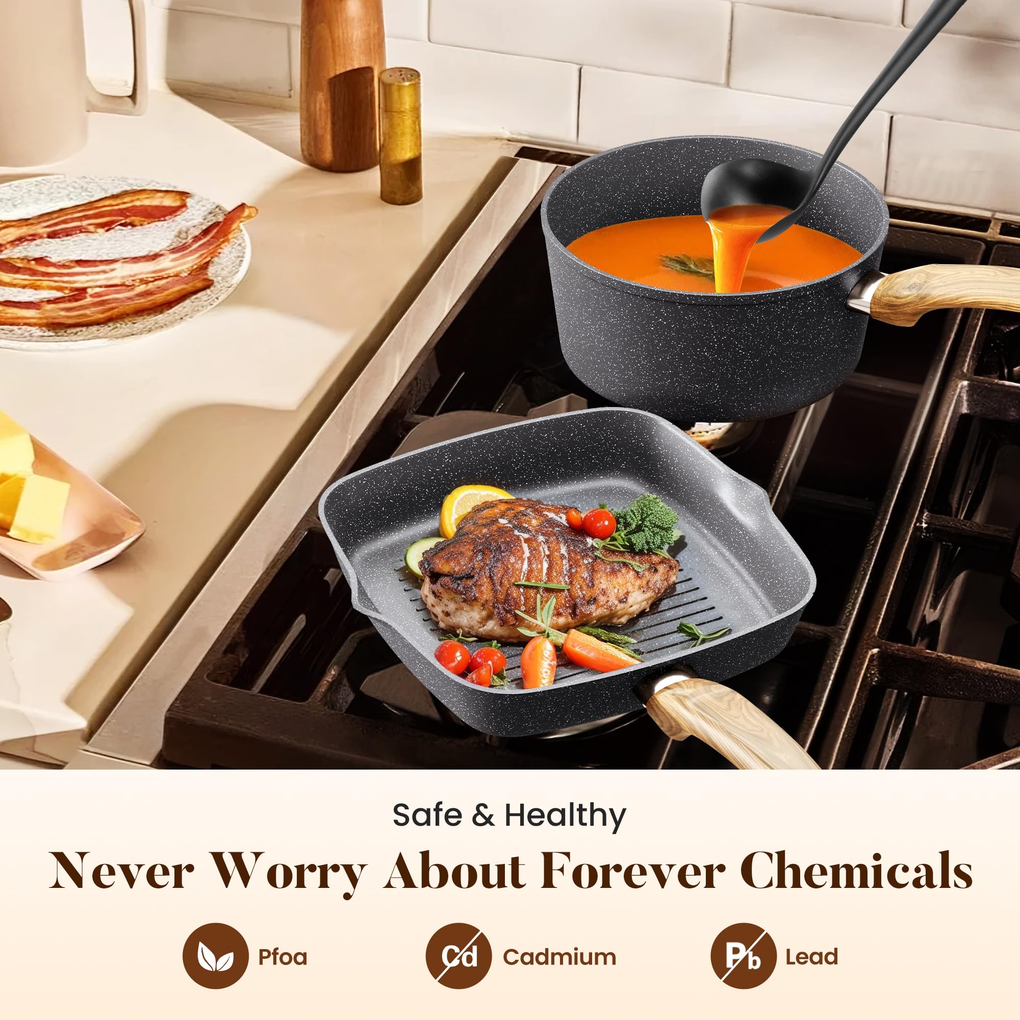 30-teiliges Non-Stick Induktionskochgeschirr und Kochgeschirr Set, Granitbeschichtung