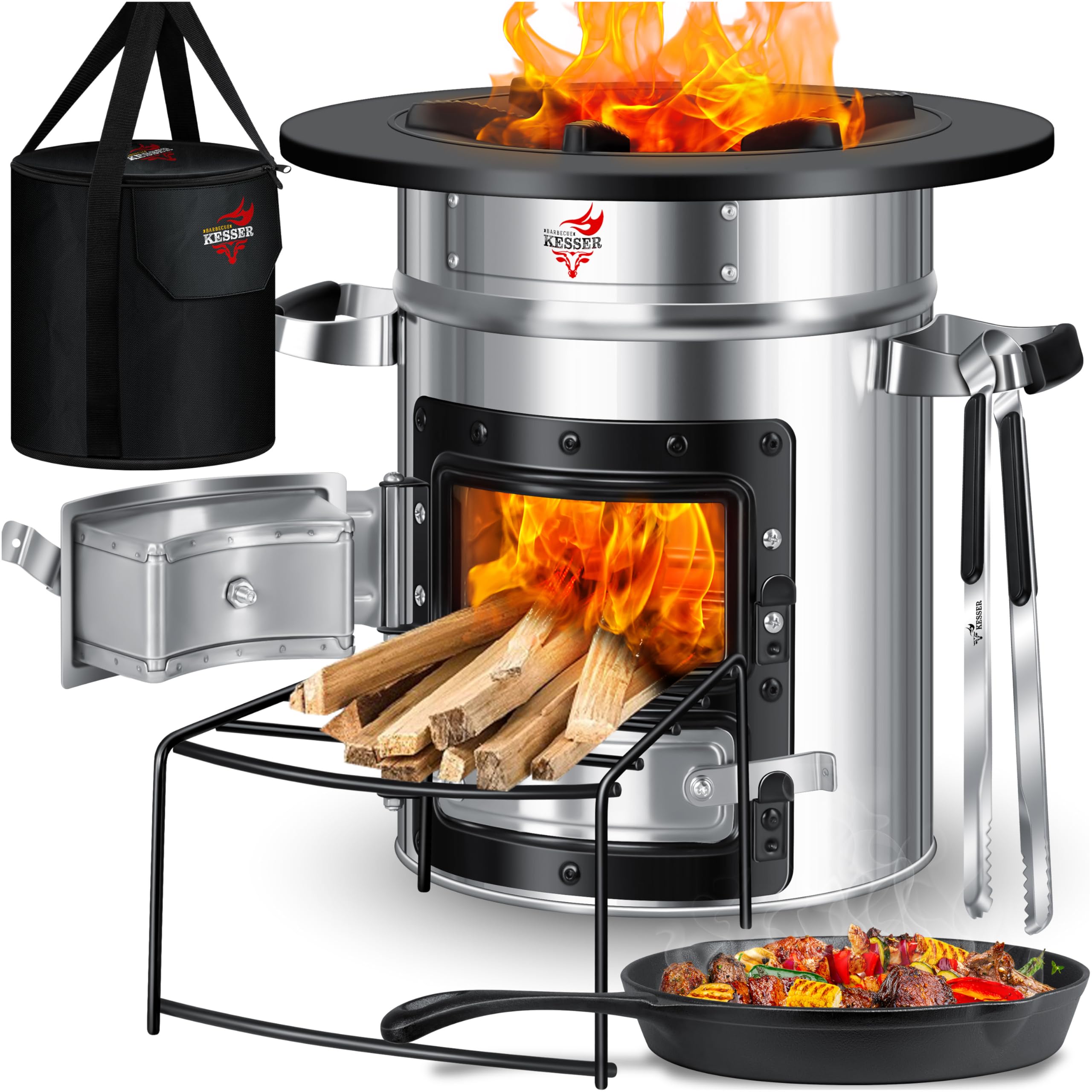 Raketenherd mit Gusseisen-Grillpfanne / Enthält Grillzange & Tragetasche /Camping Grill Edelstahl