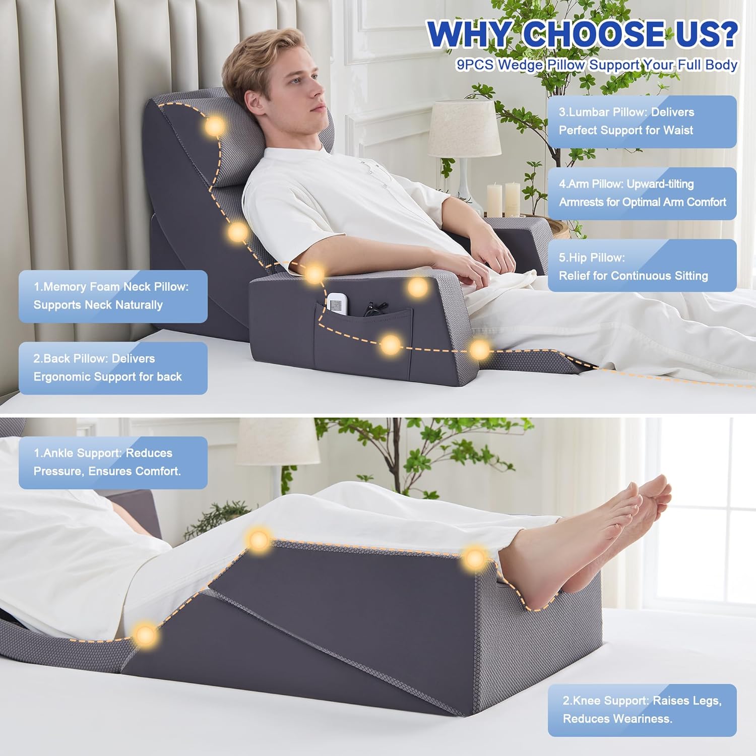 9PCS Orthopädische Bett Keil Kissen Set,Post Chirurgie Schaum Kissen für Körper, Rücken und Beine Schmerzlinderung,Justierbare Stützkissen mit Säure Reflux Bed Wedge Memory Foam Durchgehend dunkelgrau