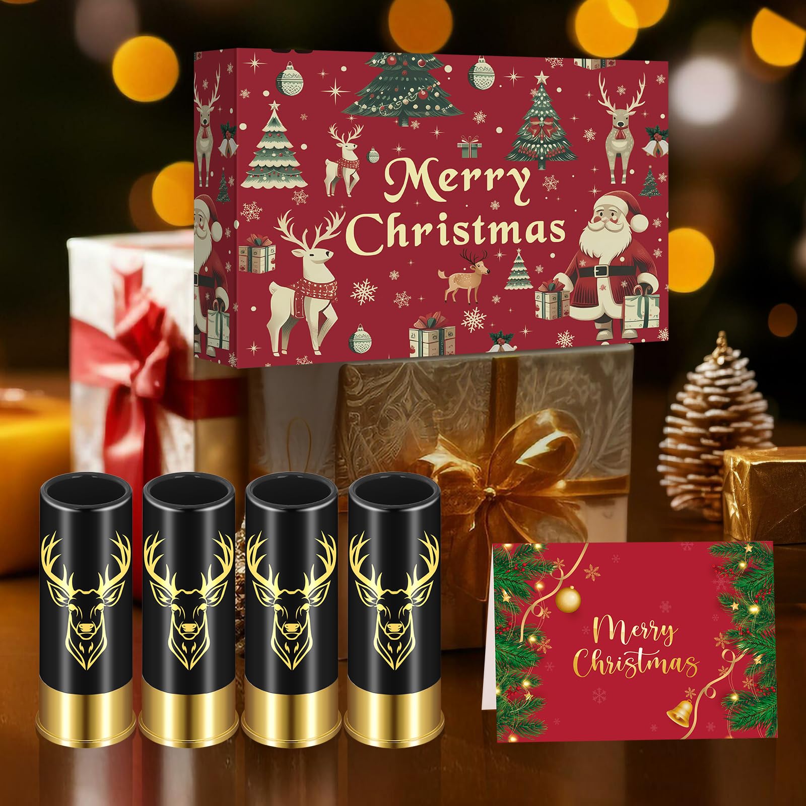 Schnapsgläser mit Hirschkopf, Grosspackung mit Geschenkbox, für Männer und Frauen, Hochzeitsfeier, Vatertag, Geschenke für Jäger, 12 GA Hirschjagd, Kleine Schnapsbecher, 45 ml, Plastik, Schwarz