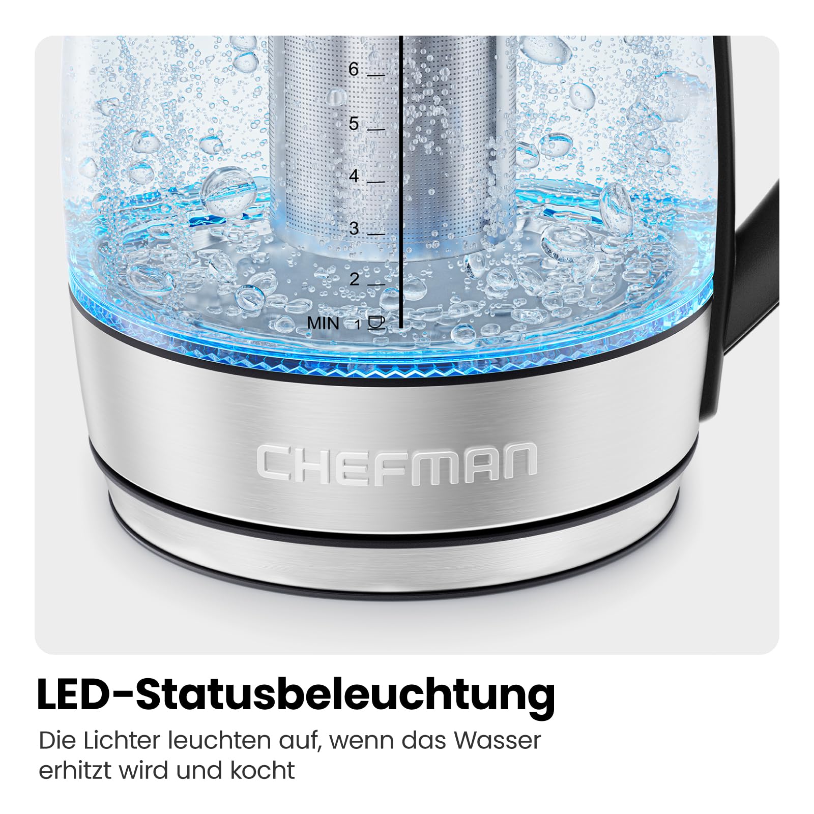 Elektrischer Wasserkocher Glas mit Teesieb, 1.8 Liter, LED-Anzeige / BPA-Frei, 2200 Watt, Edelstahl