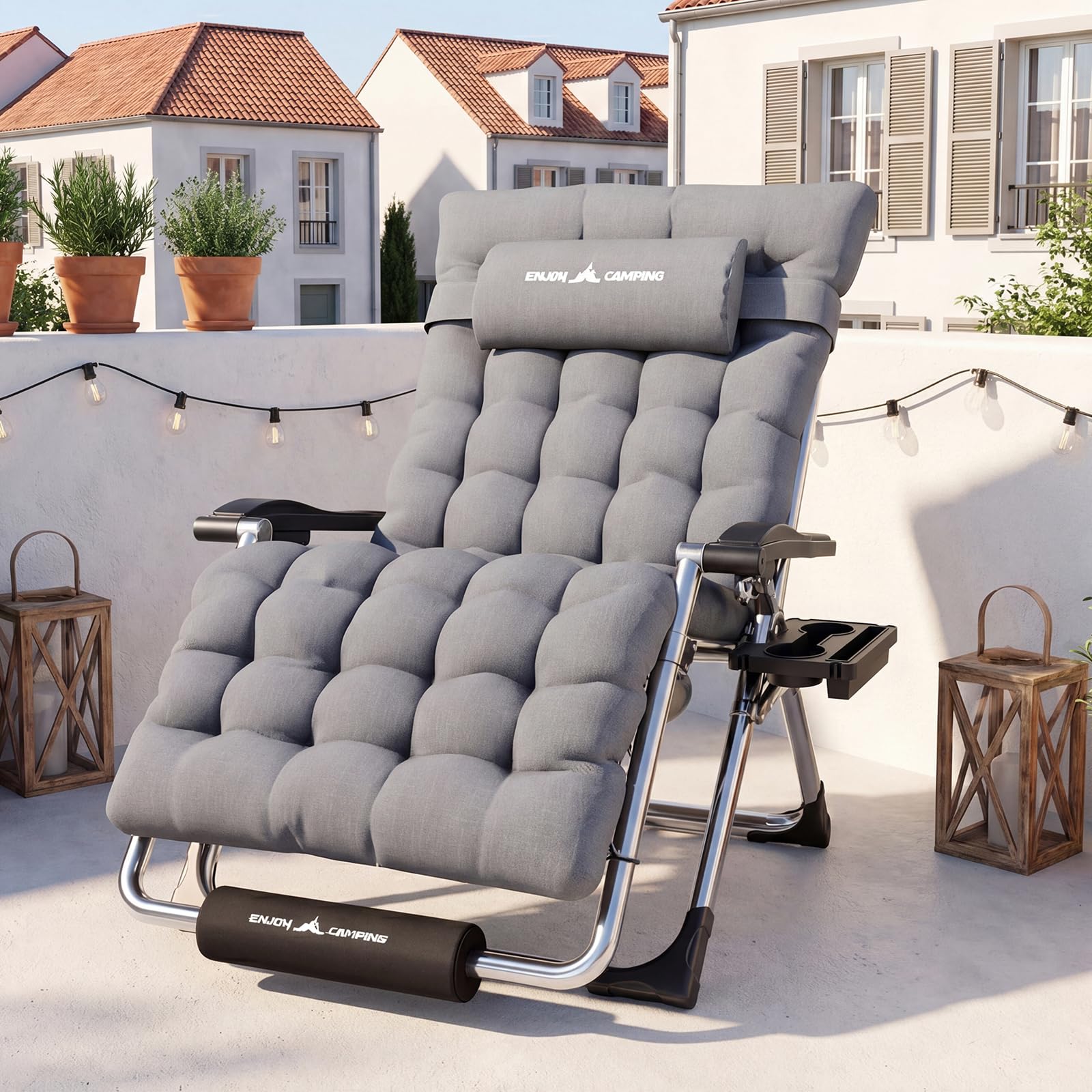 Sonnenliege Liegestuhl Klappbar Mit Getränkehalter Gartenstuhl Mit Auflage Polster, Liegestuhl, Extra groß Gartenliege, Verstellbar Rückenlehne Garten Liege