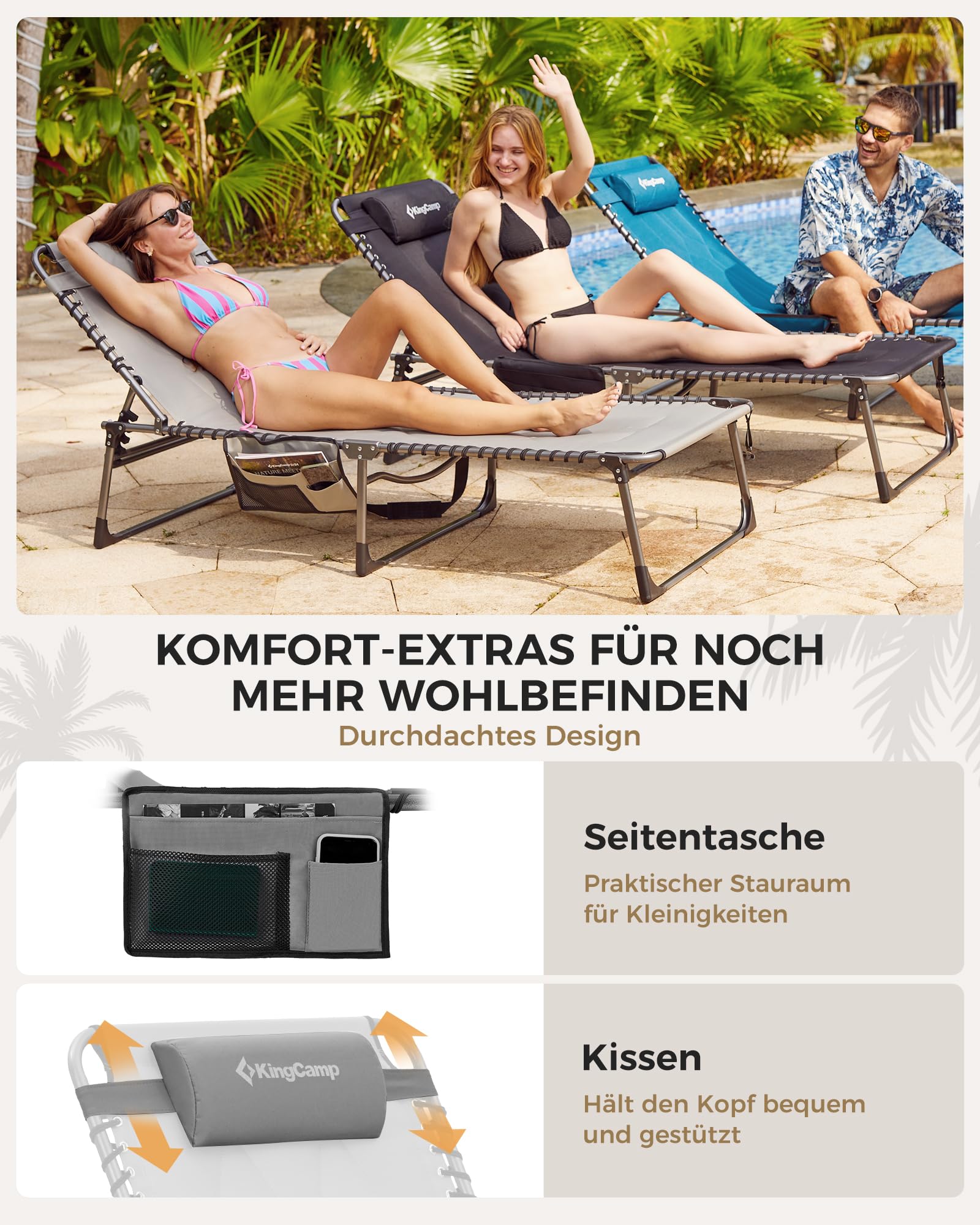 Sonnenliege Klappbar 5-Verstellbare, bis 180 kg, 2er Set, Blau | Gartenliege Klappbar, mit Kopfstütze & Seitentasche, Sonnenliege Wetterfest, Strandliege für Garten Terrasse Pool Camping