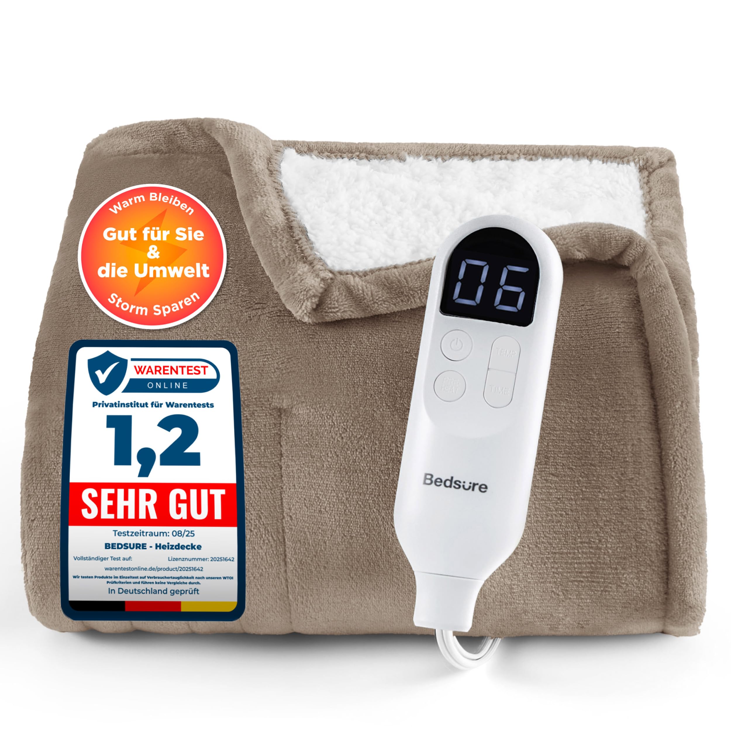 Elektrische Decke mit automatischem Abschalten - Wärmedecke mit 6 Wärmeeinstellungen und 10-Stunden-Timer, bis zu 8 Stunden Überhitzungsschutz, elektrische Kuscheldecke für Zuhause und Büro, 130 x 180 cm