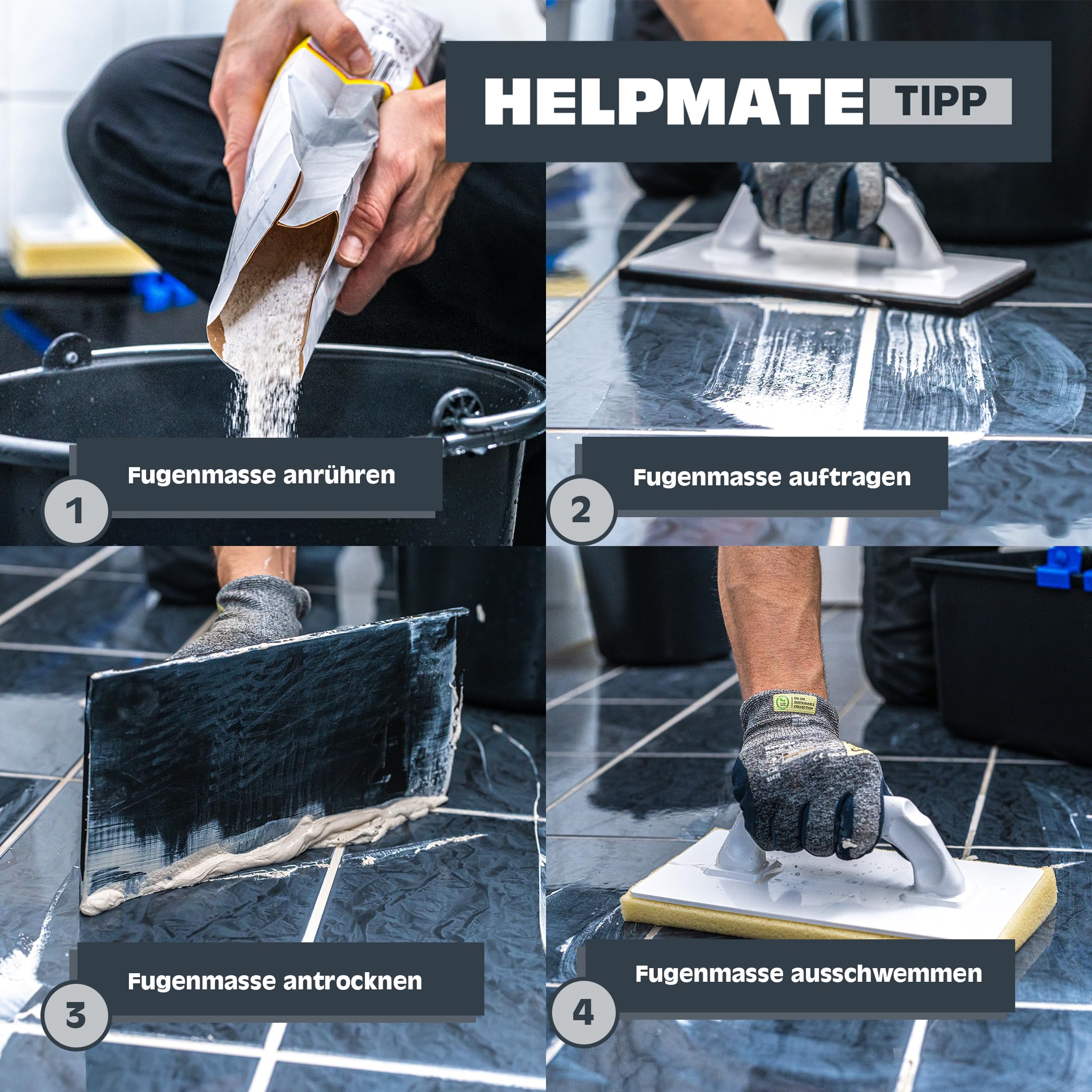 Tile washing set, 5-piece: 12-liter plastic bucket, double roller attachment, tile washing board and grouting board. Made in Germany.