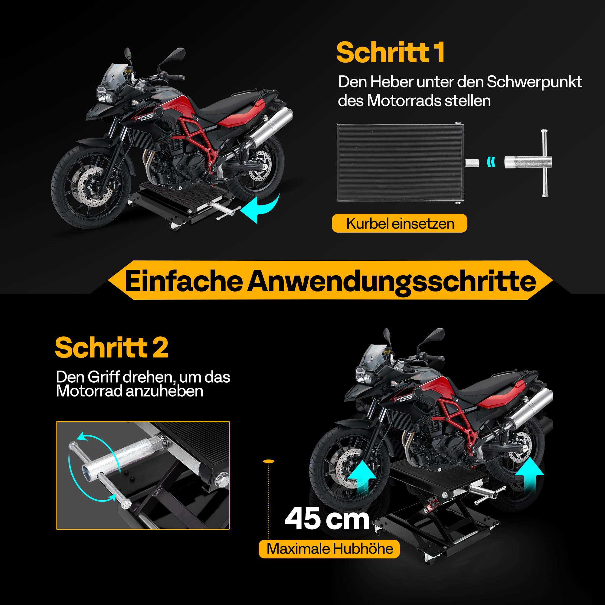 Motorrad Lift 500 kg Stahl-Schereheber mit breitem Deck und Kurbel für Motorräder Off-Road-Fahrzeuge Schmutzfahrräder