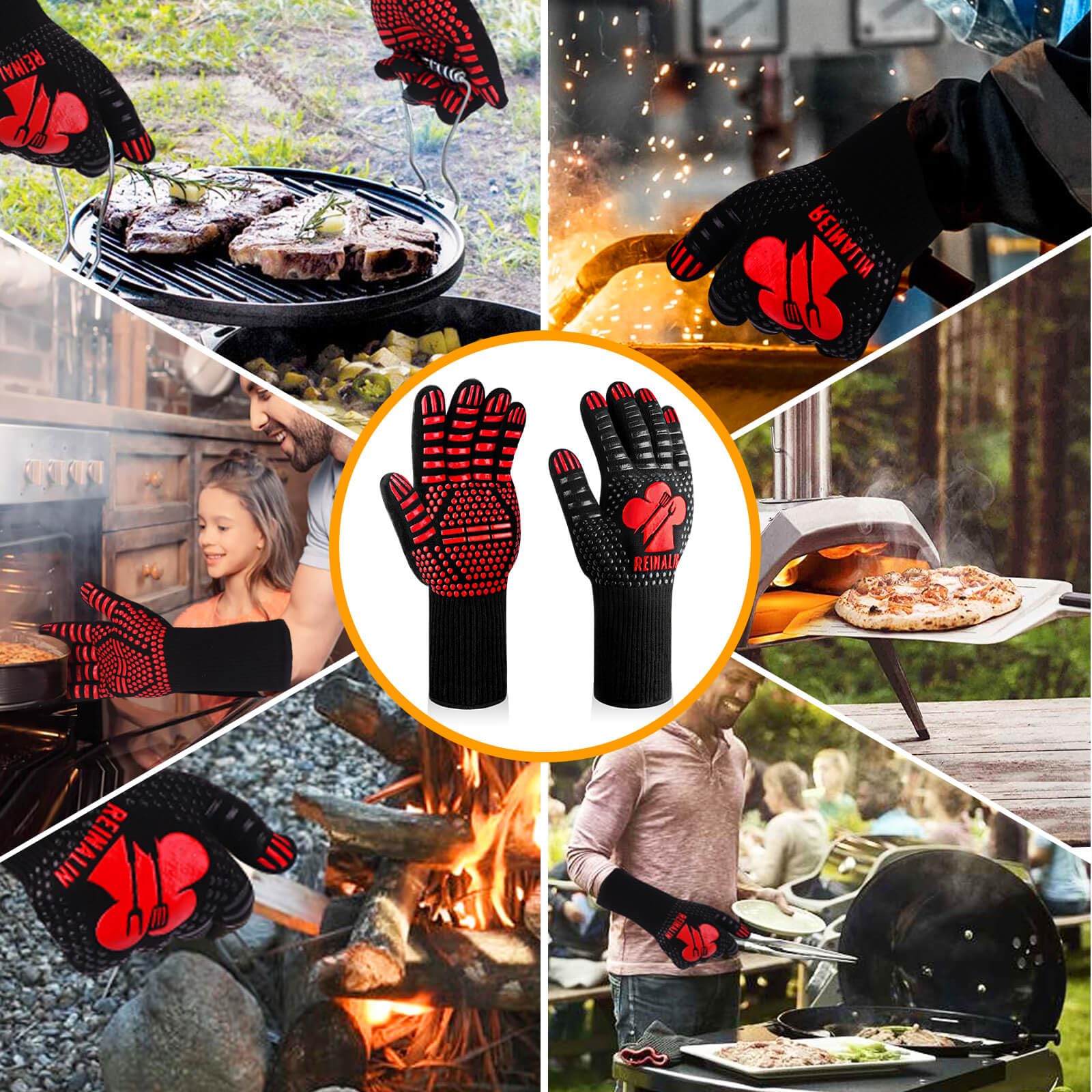 Reinalin Grillhandschuhe Hitzebeständig bis 800°C, Ofenhandschuhe Topfhandschuhe Feuerfeste Handschuhe BBQ Handschuhe Kochhandschuhe Backhandschuhe Backofenhandschuhe (L/XL/XXL, Schwarz)