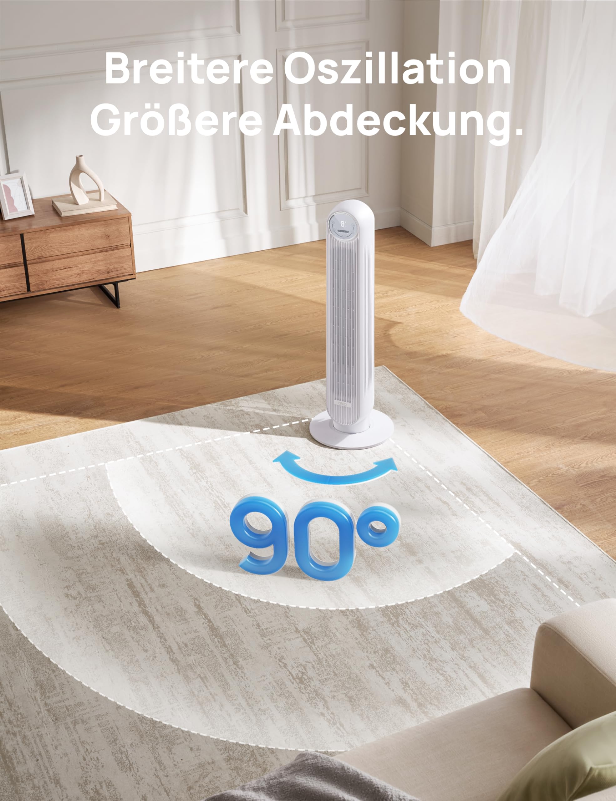 Leiser Turmventilator, 10 m Wurfweite 8 Geschwindigstufen 4 Modi 8 Std. Timer 90° oszillierende Ventilator mit Kühlung Fernbedienung für Schlafzimmer,Turmventilator 307, Schwarz