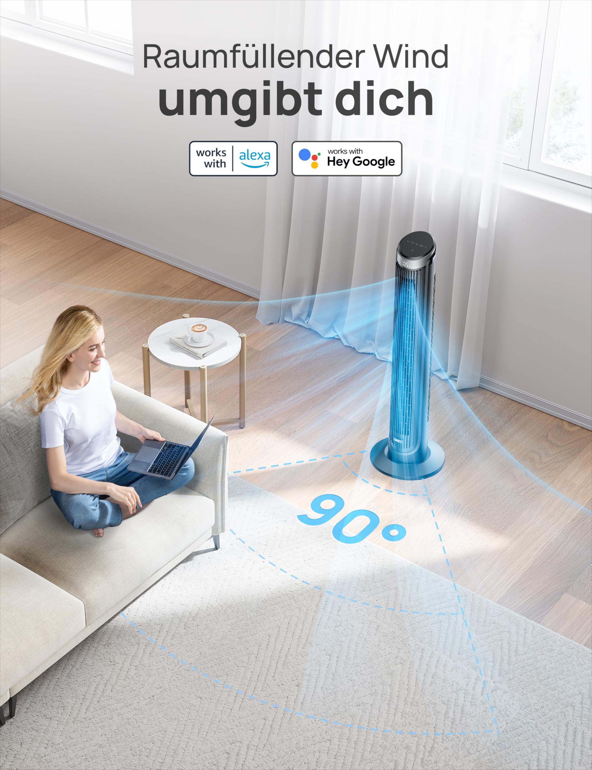 Leiser Turmventilator, Kühlung Fernbedienung 5-Geschwindigkeit 4 Modi 12 Std Timer, 90° Oszillierendes Tower Fan Standventilator für Schlafzimmer, Cruiser Pro T3, Schwarz