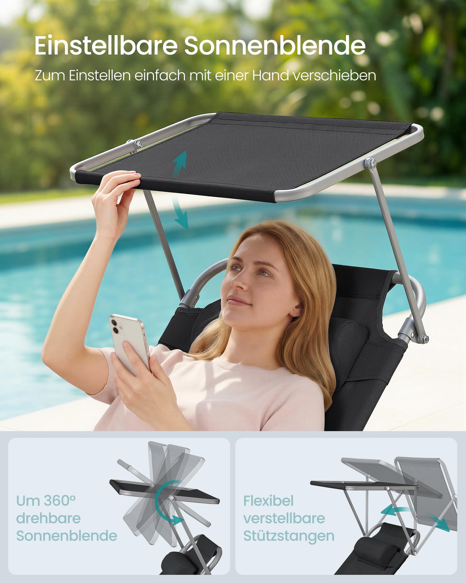 Sonnenliege, klappbarer Liegestuhl, 193 x 53 x 29 cm, trägt bis zu 150 kg, Sonnenschutz, Kopfkissen, verstellbare Rückenlehne, für Garten, Pool, Terrasse