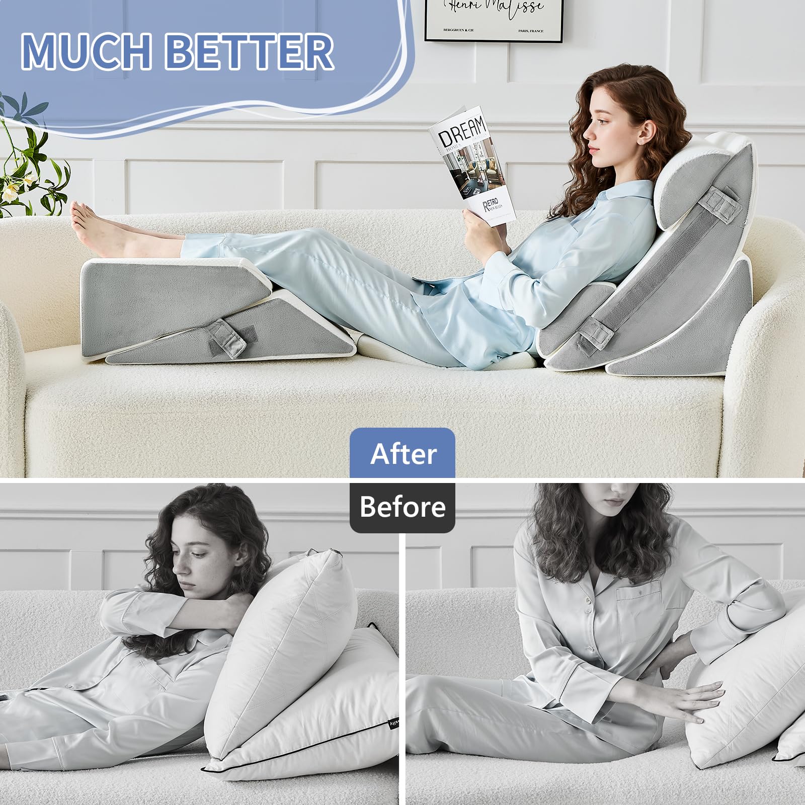 Orthopädische Bett Keil Kissen Set,Post Chirurgie Schaum Kissen für Körper, Rücken und Beine Schmerzlinderung,Justierbare Stützkissen mit Säure Reflux Bed Wedge Memory Foam Hellgrau